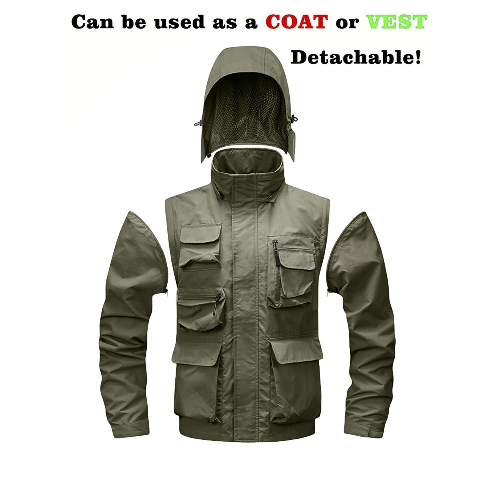 Outdoorjacke Herren Wasserdicht Atmungsaktiv Kaputze Abnehmbar Wanderjacke mit Abnehmbaren Ärmeln Cargo Jacke mit Vielen Taschen Übergangsjacke Weste Outdoor Ultraleichte Softshelljacke