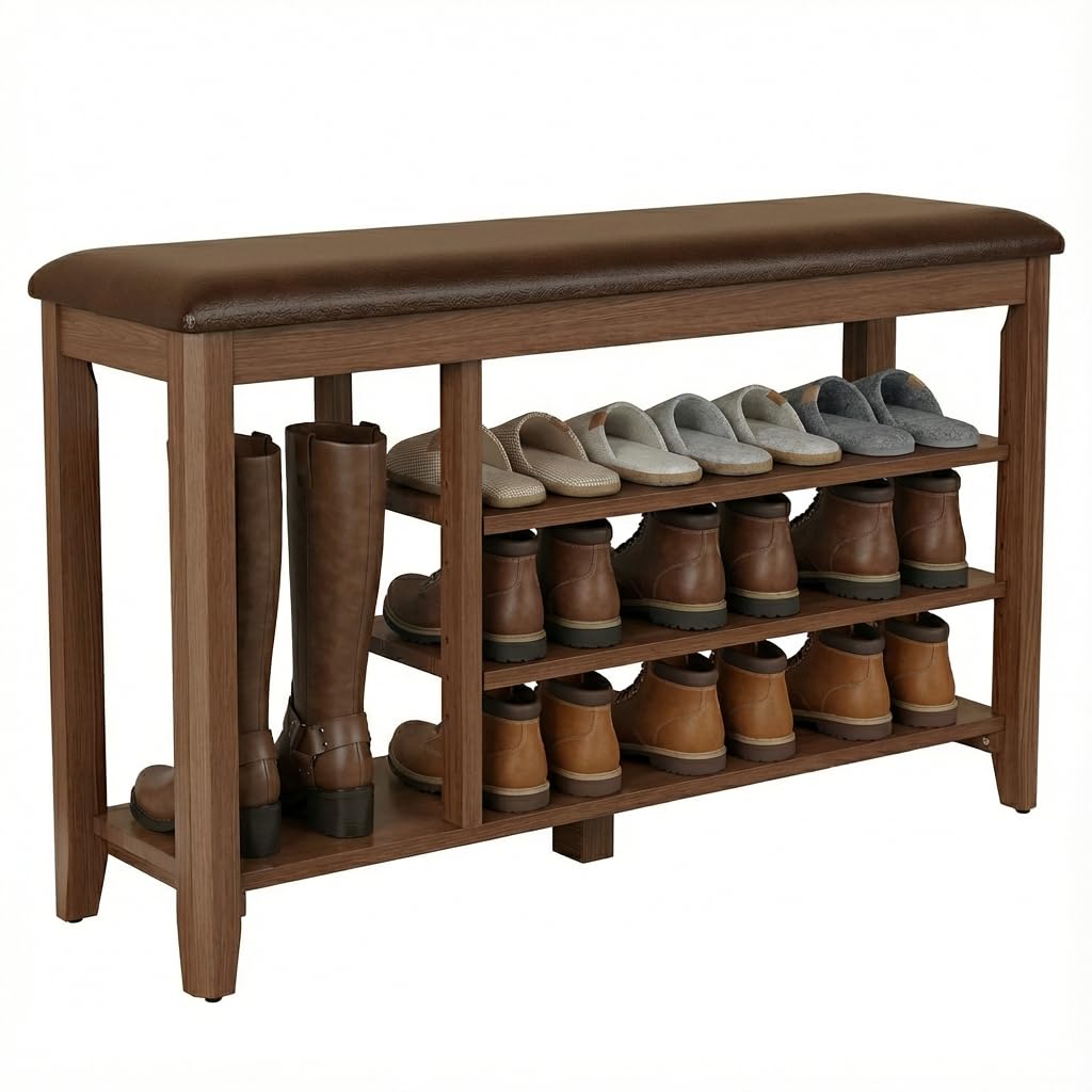 YQJJGL 3 Tier Shoe Bench with Cushion,Solid Wood Storage Bench Height Adjustable, Shoe Rack for Entryway,Bedroom,Hallway(Walnut)