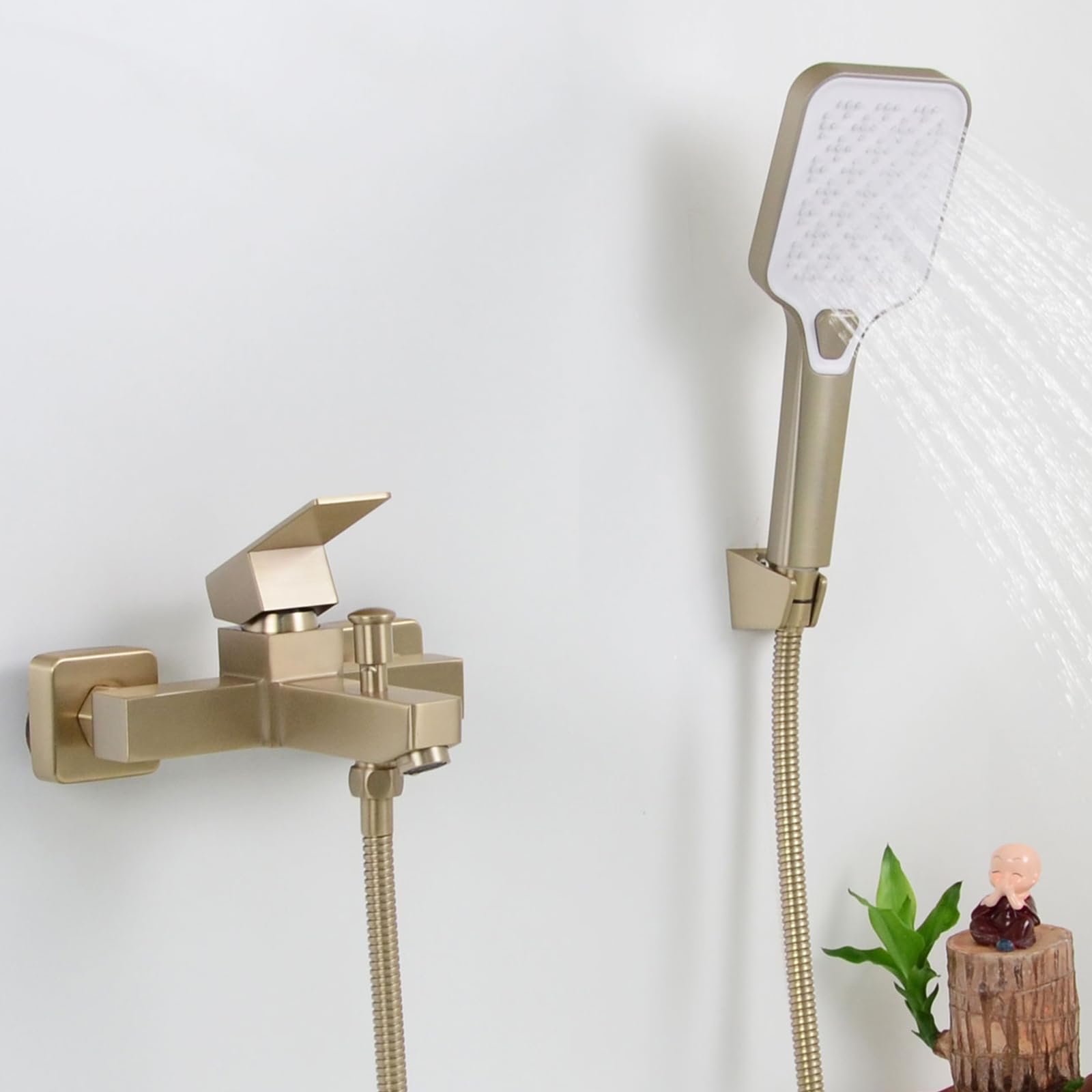 Grifo de Bañera, Grifo de Ducha con Alcachofa, Monomando Mezclador Ducha Montado en La Pared, Dorado Cepillado, 1Y4OK
