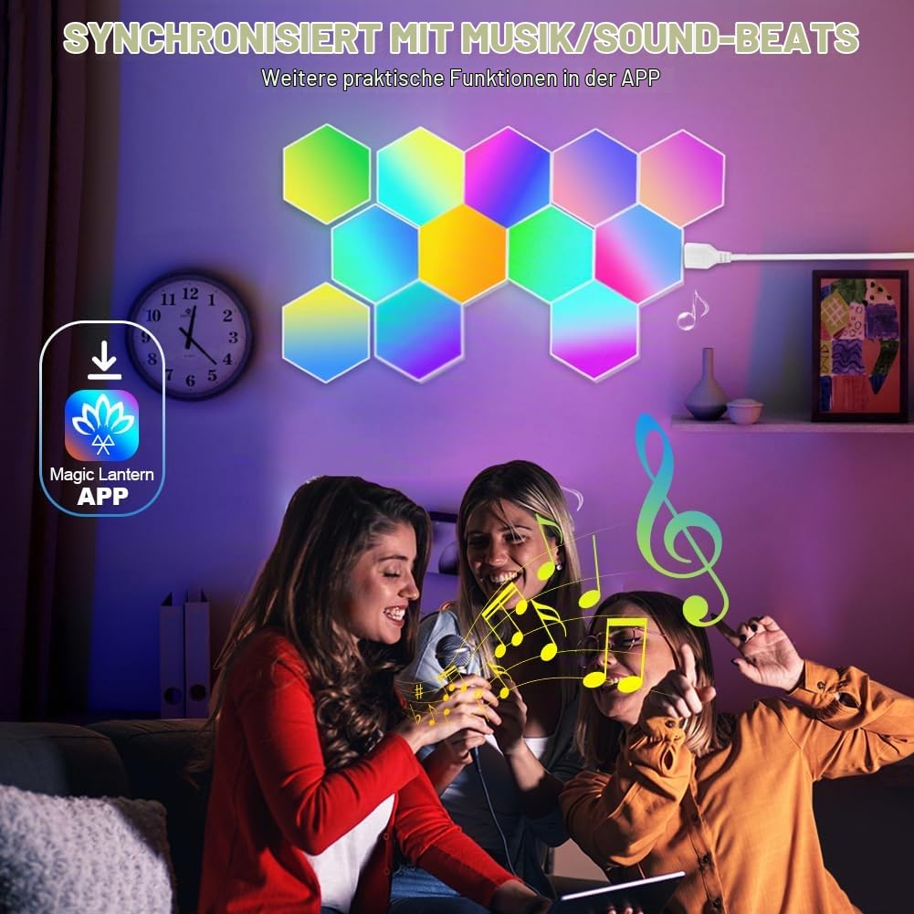 URAQT Sechseck Gaming Wandleuchte, 12 Stück Hexagon LED Panel RGB Smart Wand Panel App Steuerung Musik Sync Wandbeleuchtung Smart Sechseckige Gamer Room Deko Modular Lampe
