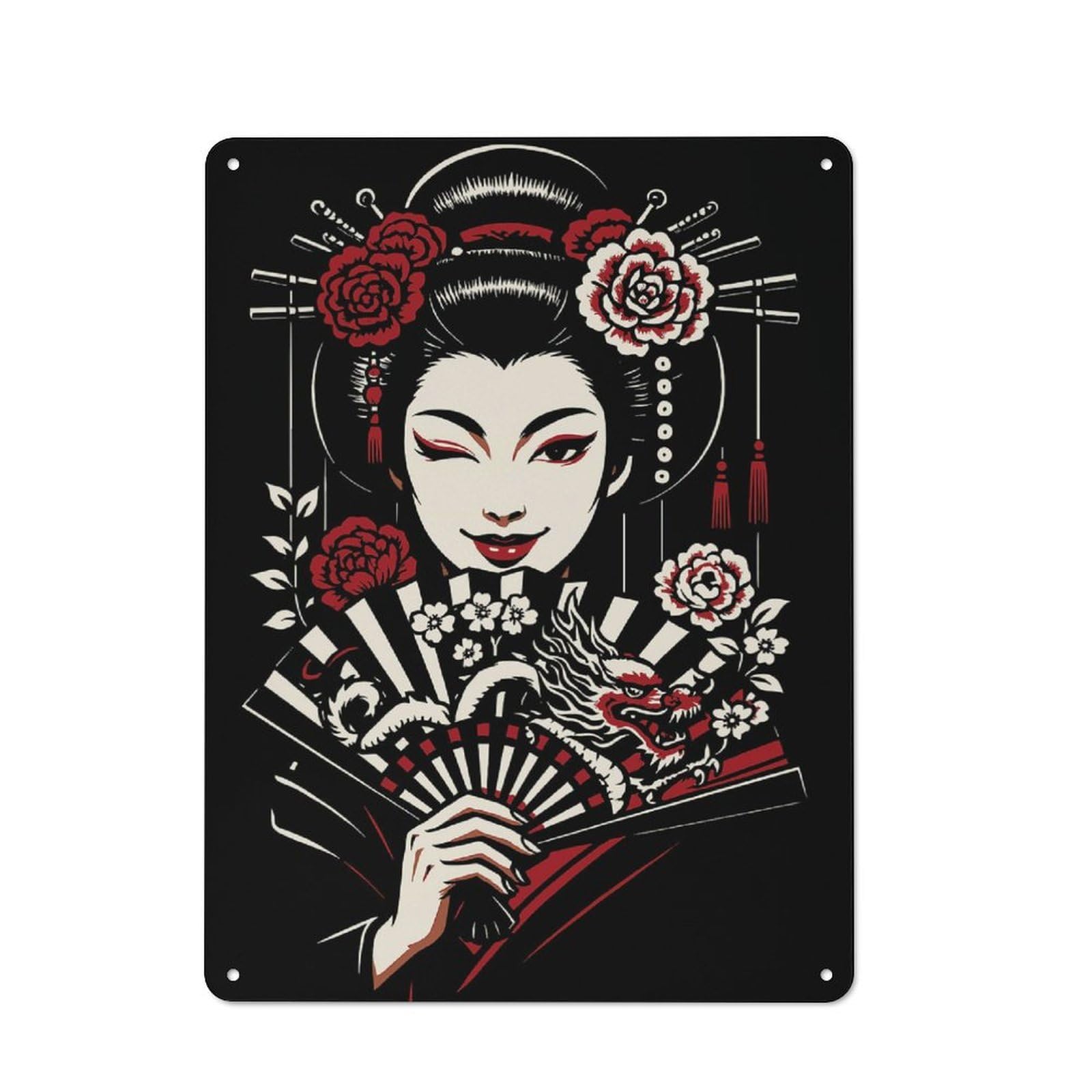 Junmoney Winking Geisha With Dragon Fan Metal Wall Sign 40X30cm Featuring For Bar Or Restaurant, For Vintage Wall Decor Fans, For Themed Room Decoration
