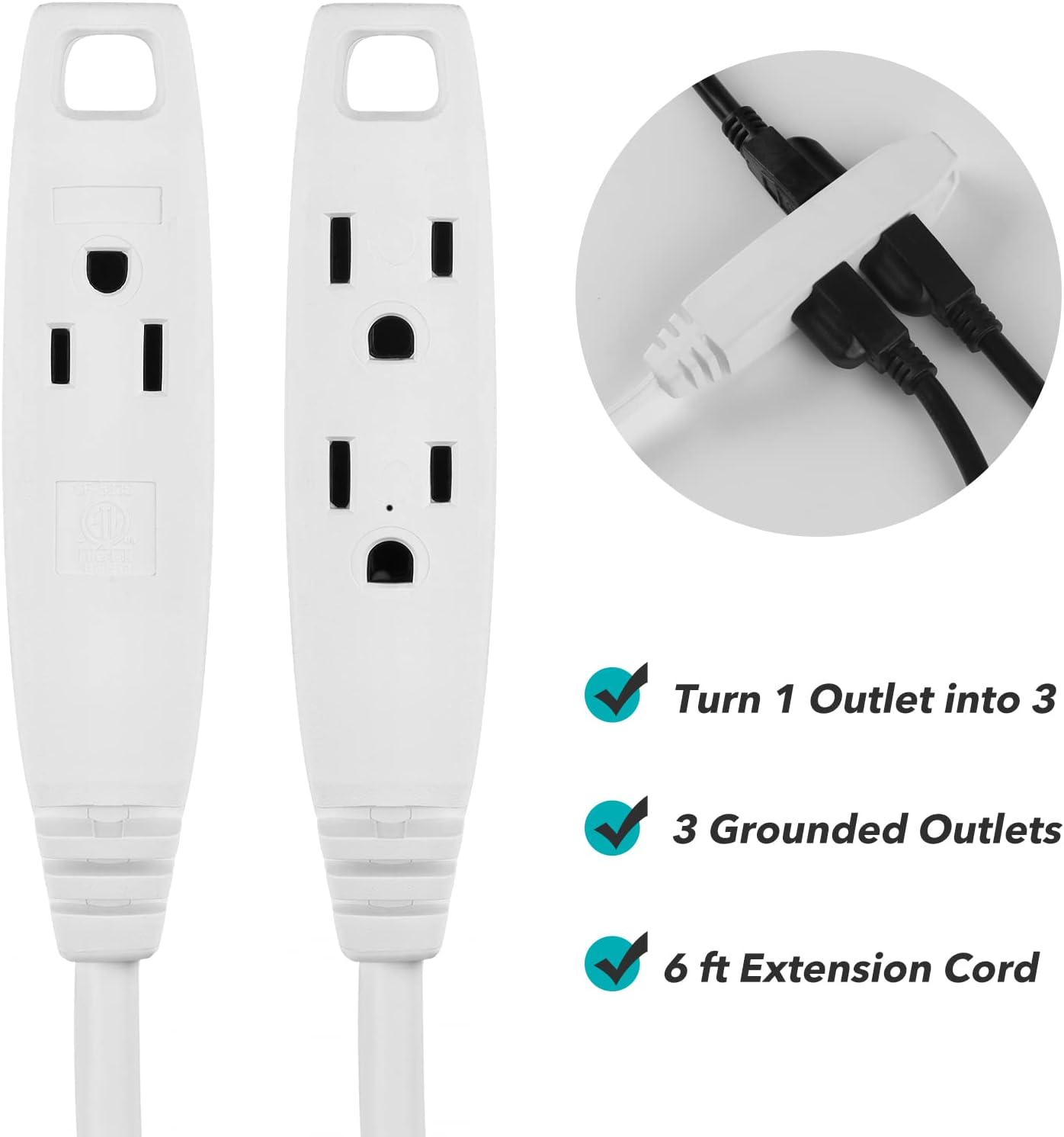 Clear Power 6 ft 3 Outlet Heavy Duty Flat Plug Extension Cord 14/3 SJT for Small Tools, Appliance and Office Equipment, White, 3 Prong Grounded, DCIC-0046-DC