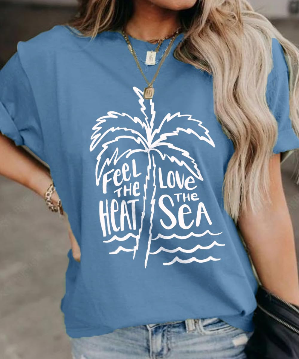 Funny Hawaiian Shirts for Women Coconut Tree T Shirt Feel The Heat Letter Print Tshirt Love The Sea Graphic Tee Summer Beach Tops, Blue Large