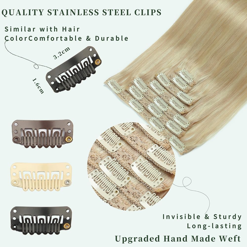 GUDOZO Clip in Extensions Human Hair 7pcs 35cm 80g Invisible Clip Extensions Human Hair Extensions Human Hair Clip Extensions Skin Weft Hair Extension(14Inch,P18K/613#)
