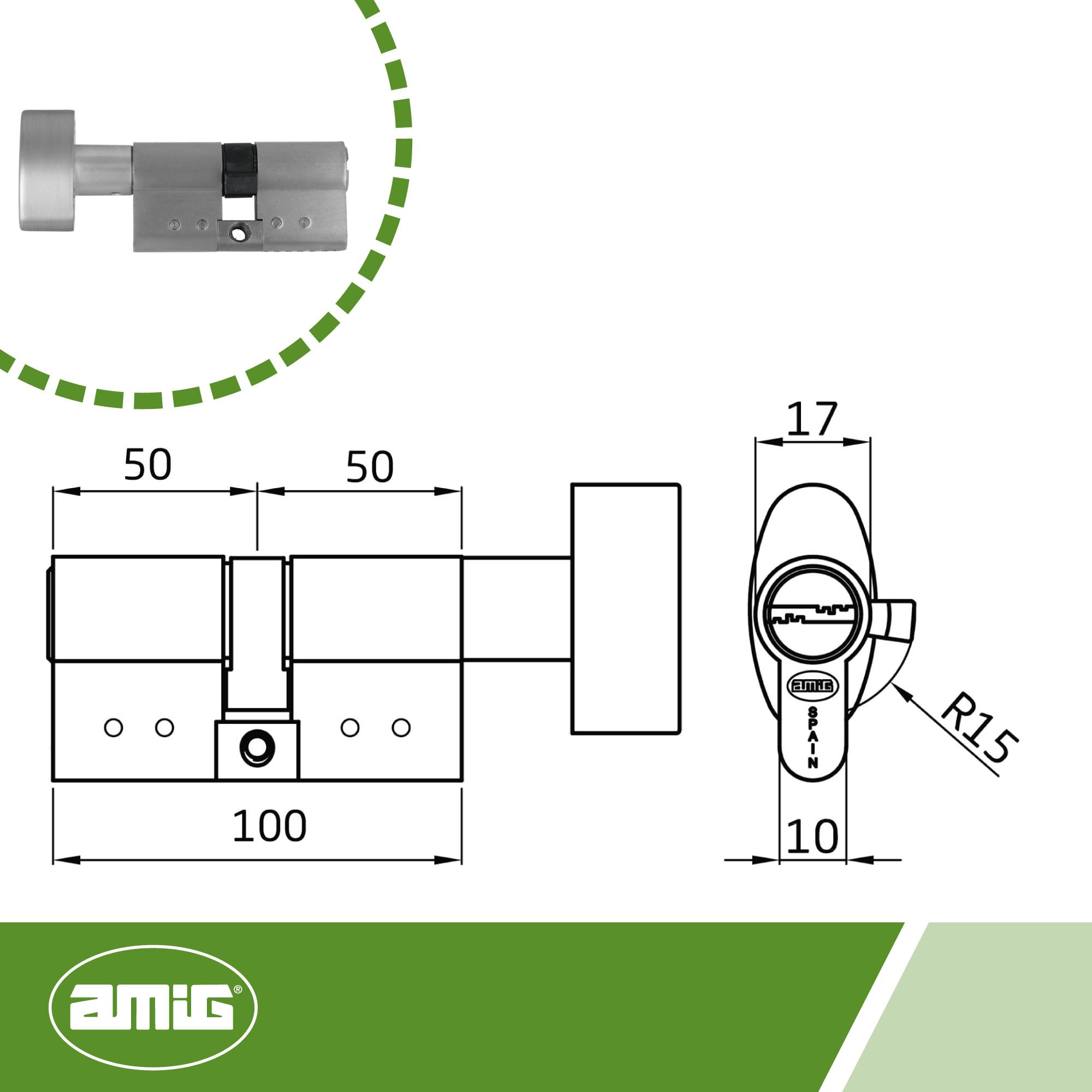 Amig - Cilindro de seguridad con muletilla - Cerradura para puertas - Bombín de Alta Seguridad - Antiganzúa y Antibumping - Incluye 5 llaves - Cromado Mate - Medidas: 100 (50-50 mm)