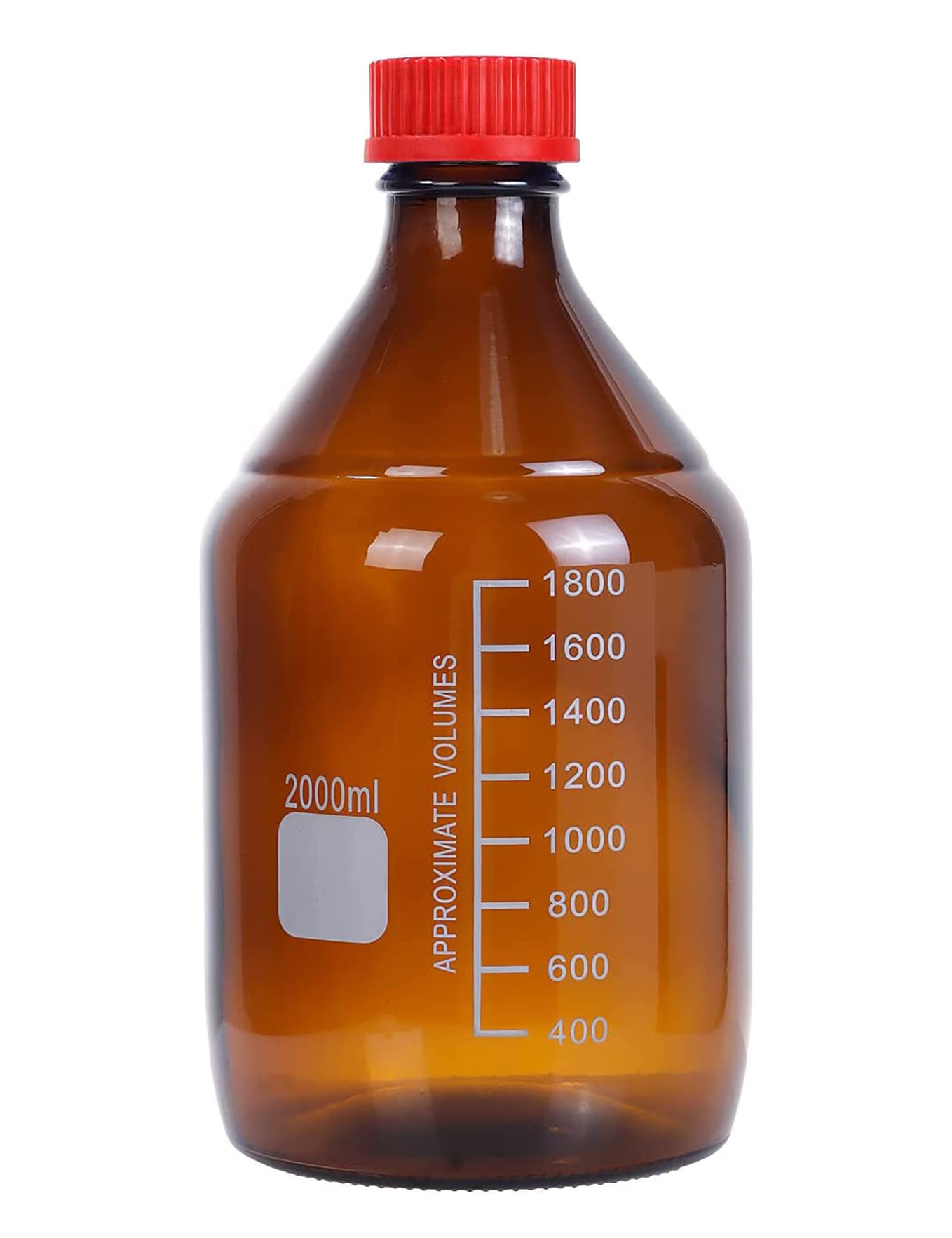 Botella de cristal ámbar graduado de 2 litros, redonda, 2000 ml, reactivo de laboratorio/almacenamiento con tapa de rosca roja GL45