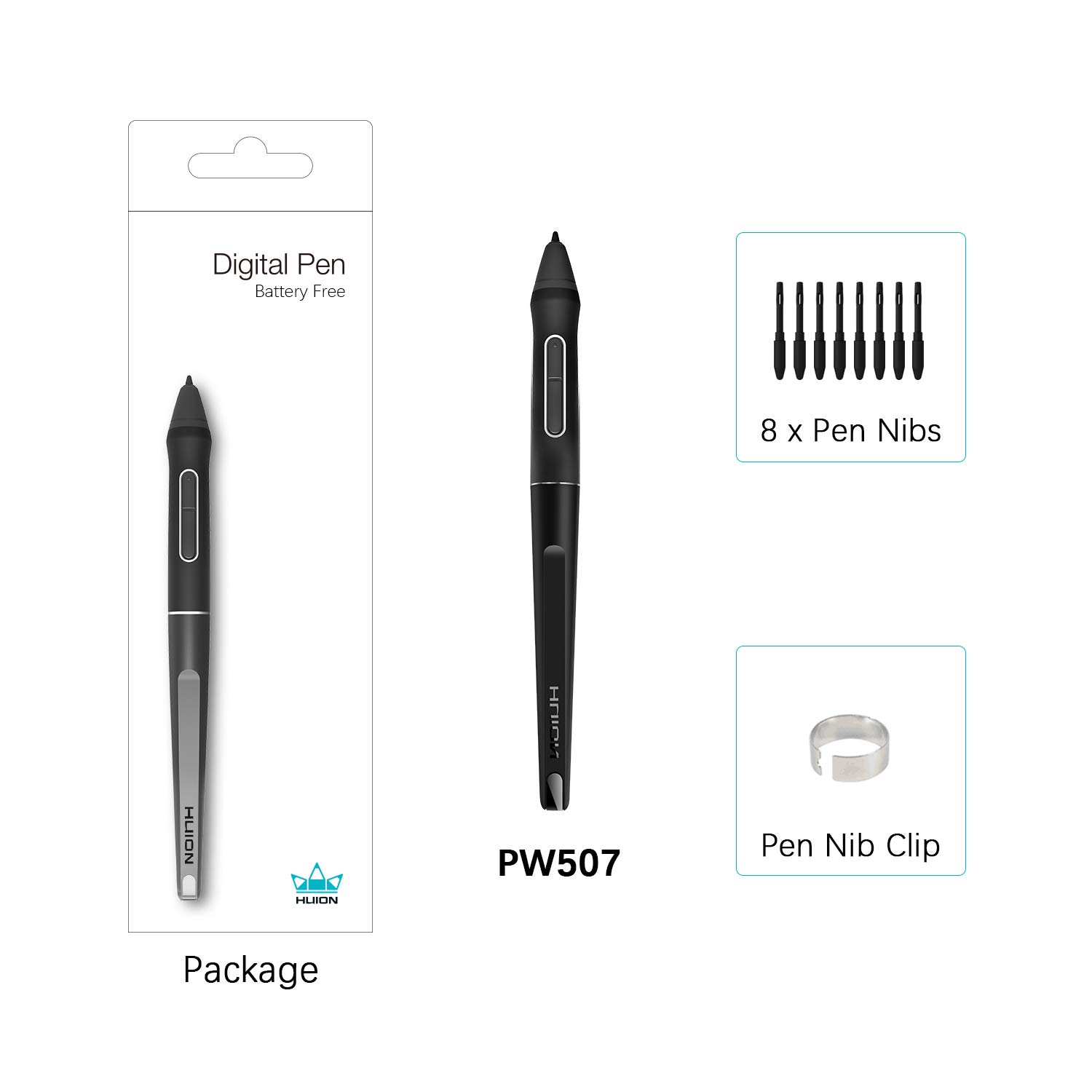 Pióro bezbateryjne HUION PW507 Łączy 8192 wartości nacisku pióra z najwyższą szybkością pomiaru 266 PPS, co jest kompatybilne z KAMVAS PRO 12, PRO 13, PRO 16