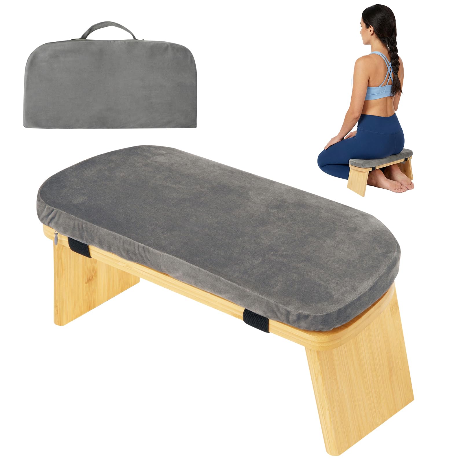 Banc de méditation avec coussin, tabouret de méditation pliable en bambou pour femme, banc de prière Seiza, banc de méditation à genoux, idéal pour la méditation, la prière, le yoga (gris)