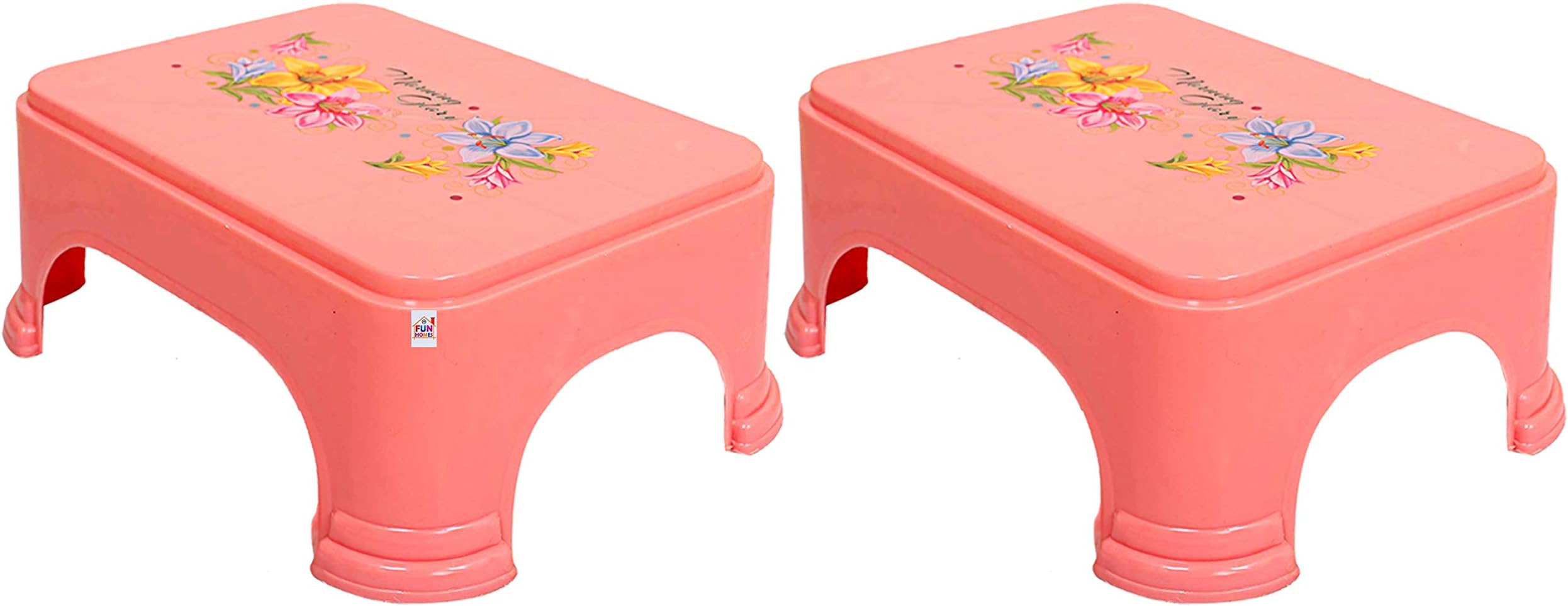 Fun Homes Floral Print 2 Pieces Plastic Bathroom Stool, Pink, Pack of 2