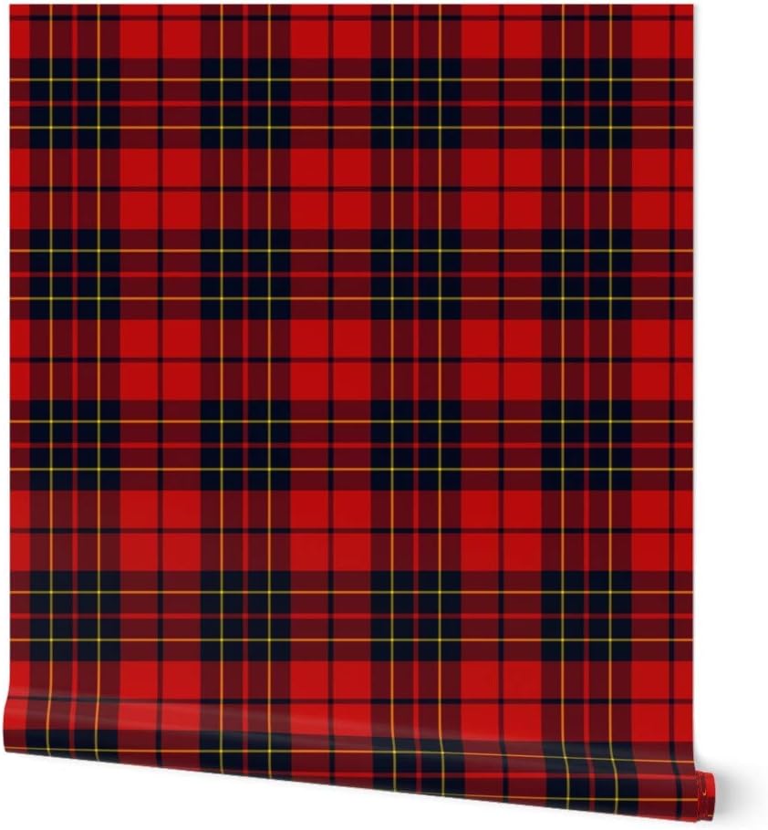 Peel & Stick Wallpaper 12ft x 2ft – Tartan Red Scottish Plaid Classic Black Yellow Rustic Home Decor Check Striped Custom Removable Wallpaper by Spoonflower