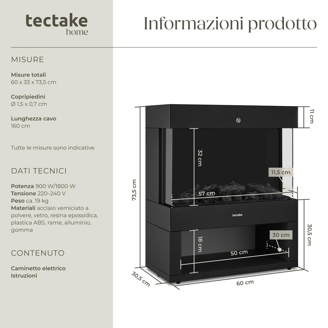 tectake® Caminetto elettrico da terra, 60 x 73,5 x 33 cm, Camino Elettrico da pavimento, 2 livelli di calore 900/1800 W, termostato, effetto fiamma fuoco finto 3D, riscaldamento Casa, Stufa Elettrica