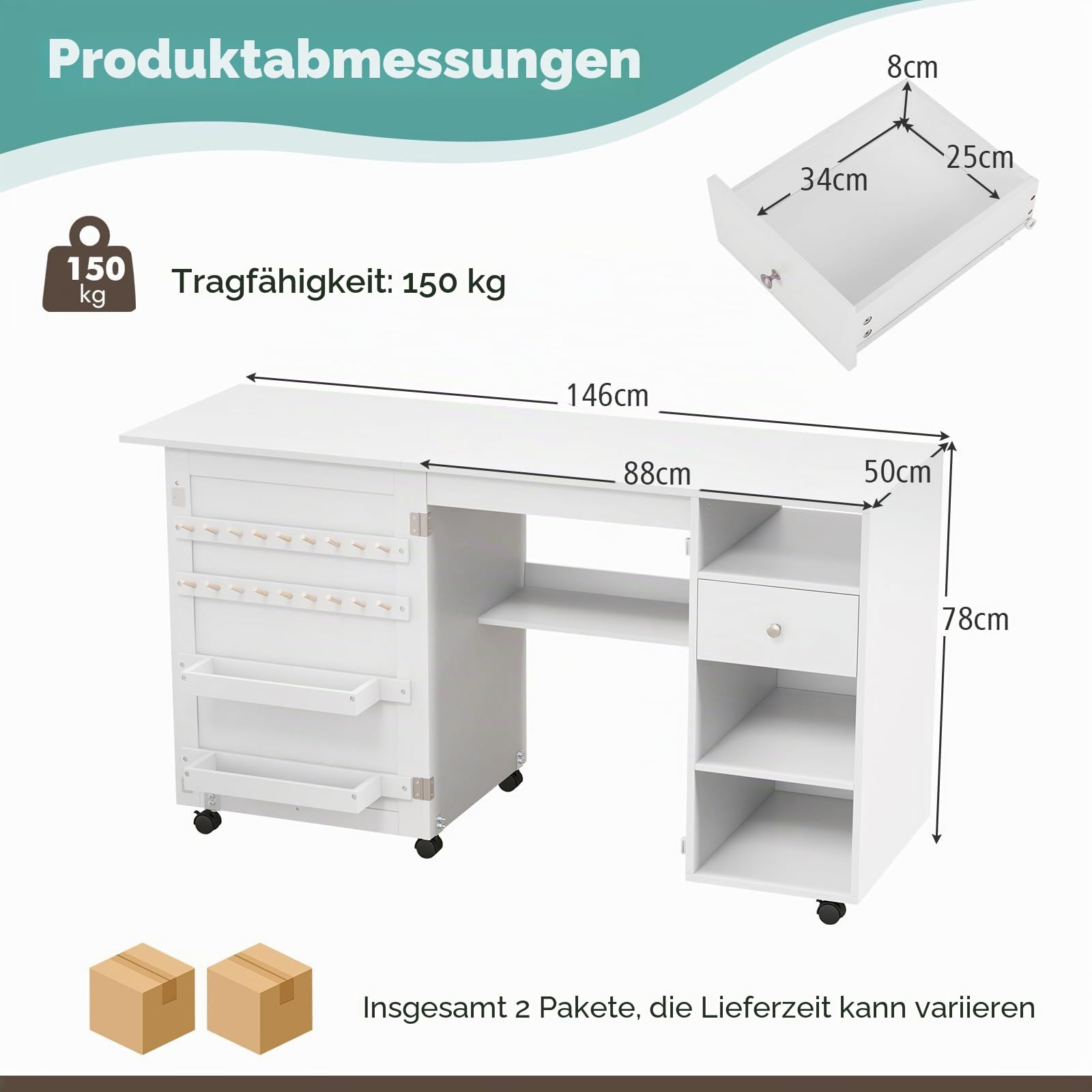 LIFEZEAL Faltbarer Nähtisch, Mobiler Schrank für Nähmaschine mit Aufbewahrungsregalen & Haken, Nähschrank Nähmaschinenschrank mit Rollen, Weiß