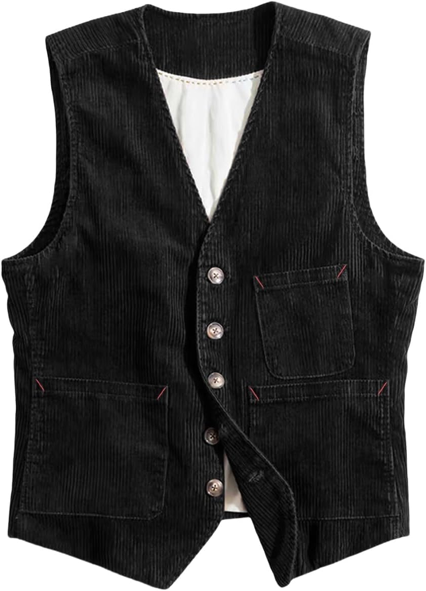 SevenBoy Men's Vintage Corduroy Suit Vest Casual V-Neck Dress Waistcoat