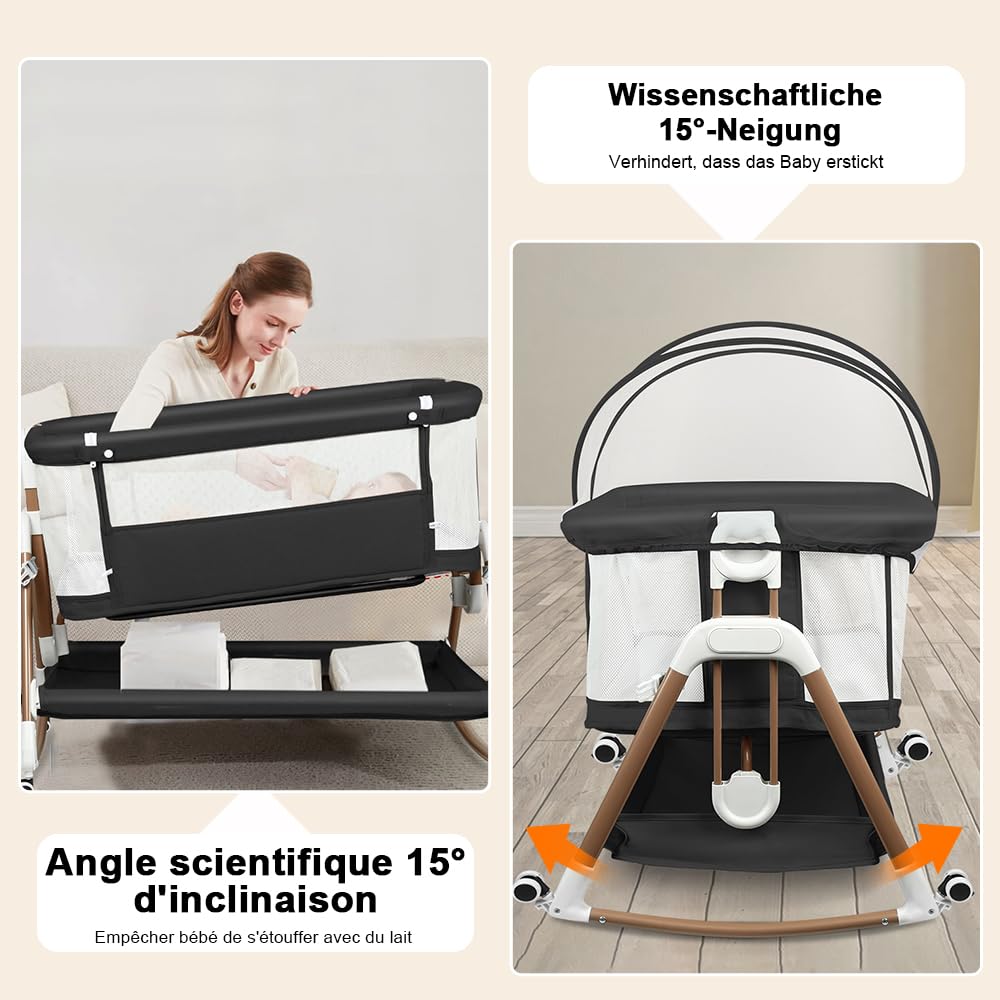 HUOLE Baby Beistellbett Höhenverstellbar, Babybett mit Matratze & Rollen, Tragbares Reisebett für Baby 0-6 Monate, Stubenwagen mit Aufbewahrungskorb, 90 x 60 x 90–115 cm – Schwarz + Gold