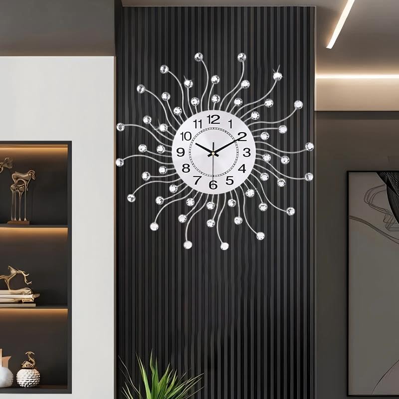 Large Wall Clock for Living Room Silent Wall Clocks Battery Operated Decorative Non-Ticking Clocks for Bedroom Kitchen Dining Room Office Silver Crystal Metal Wall Decor for House 20 Inch