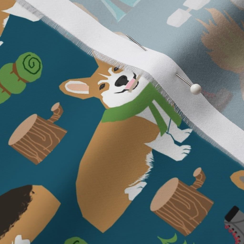 Spoonflower Fabric - Corgi Camping Aspen Campfire Dogs Breeds Navy Corgis Welsh Printed on Organic Cotton Sateen Fabric by The Yard - Sewing Quilting Apparel Home Decor