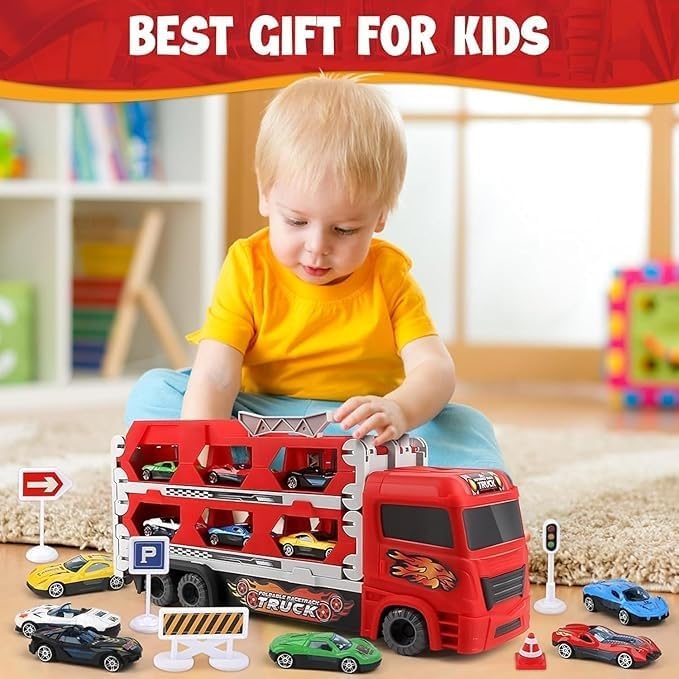 Image of WireScorts Big Hauler Storage & Deform Transport Truck Toy with 2 Foldable Ejection Race Track & 2 Pcs Die cast Cars for Kids Boys Girls 3+ Years - Red