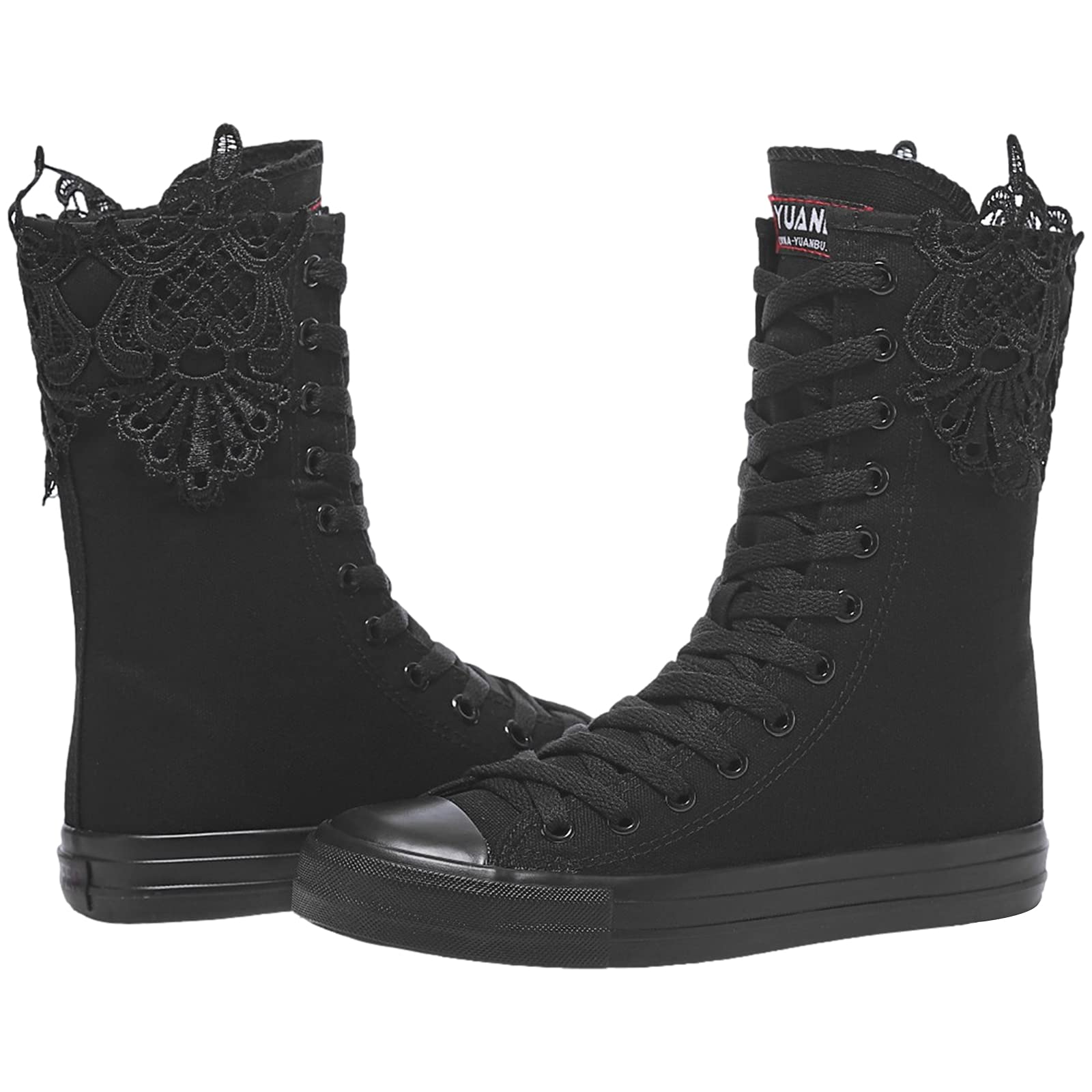 rismart Donna Tela Stivali Metà Polpaccio Punk High Tops Stringate Scarpe