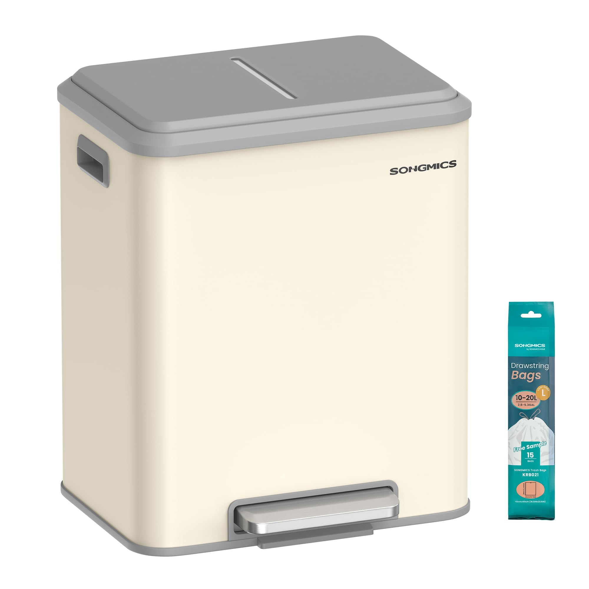 SONGMICS Kitchen Bin, 2 x 4 Gal. (2 x 15 L) Double Rubbish Bin for Recycling and Waste, Inner Buckets, Steel, Soft-Close Lid, Wide Sturdy Pedal, Sand Beige LTB544A02