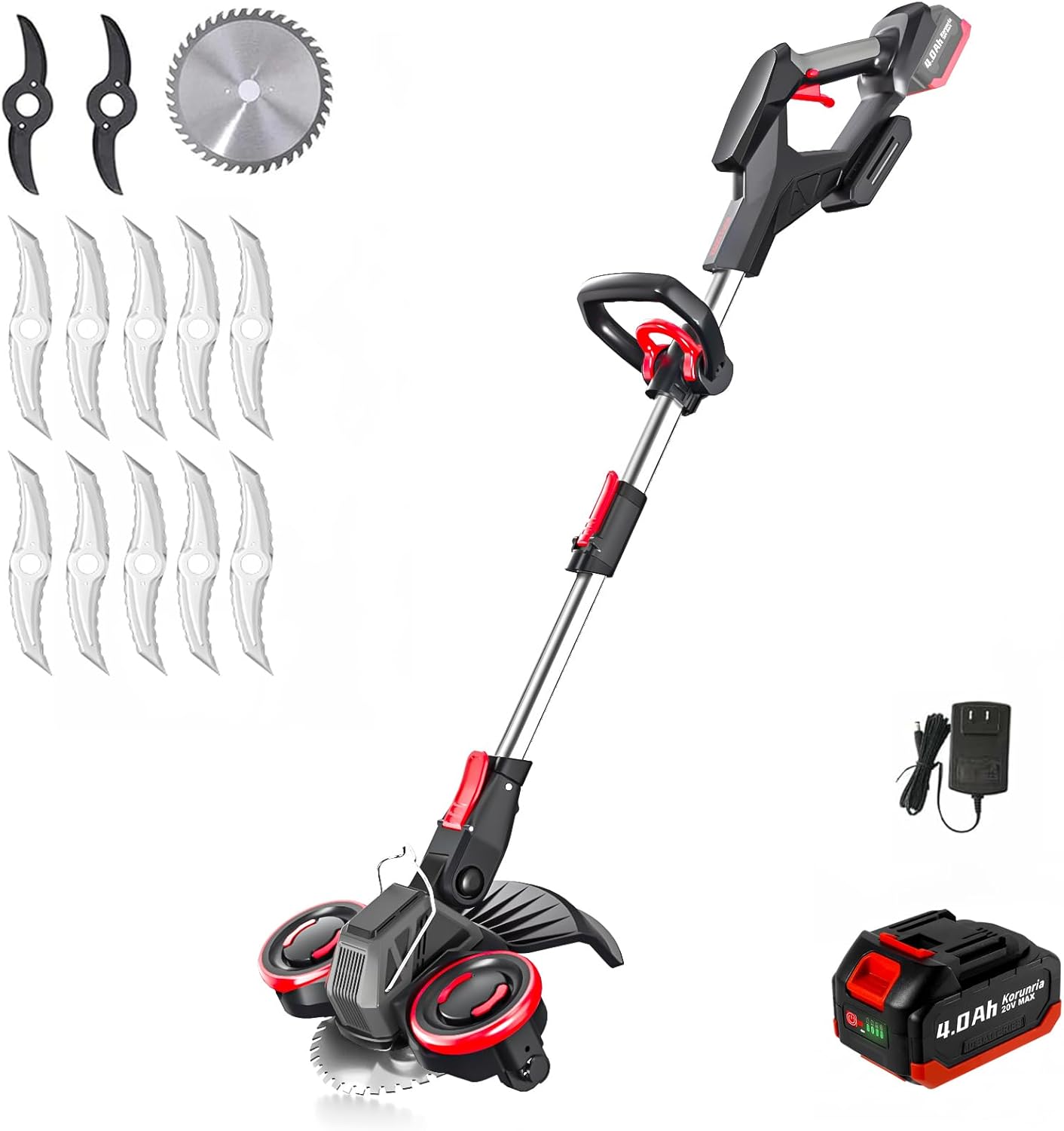 Blade Weed Wacker with Wheels, Electric Weed Wacker Cordless, 3-in-1 Brush Cutter & Edger & Mini-Mower with 4.0Ah Battery and Charger, 30+Mins & Brushless Motor, K&GO Force (One Battery)