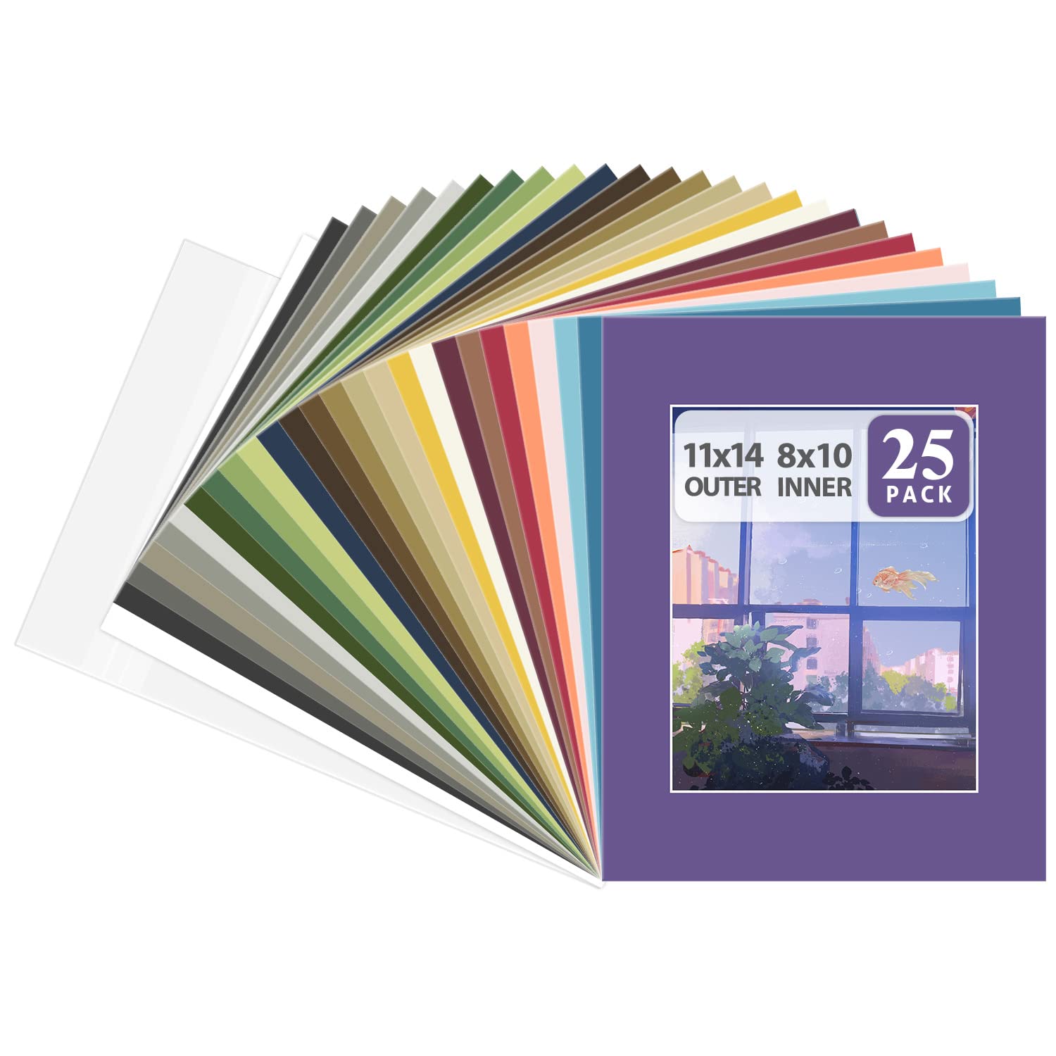 Golden State Art Pack of 25 Mixed Colors Pre-Cut 11x14 Picture Mat for 8x10 Photo with White Core Bevel Cut Mattes Sets. Includes 25 High Premier Acid Free Mats & 25 Backing Board & 25 Clear Bags