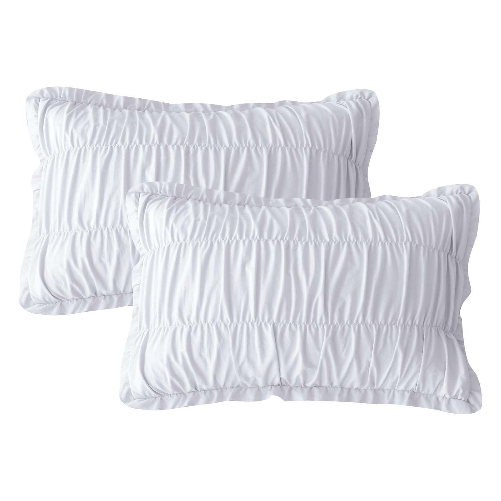 QSH White Ruffled Pillow Shams Standard Size Set of 2,Shabby Boho Chic Ruched Pillowcases Standard Ultra Soft and Luxury Microfiber Pillow Cover 20"