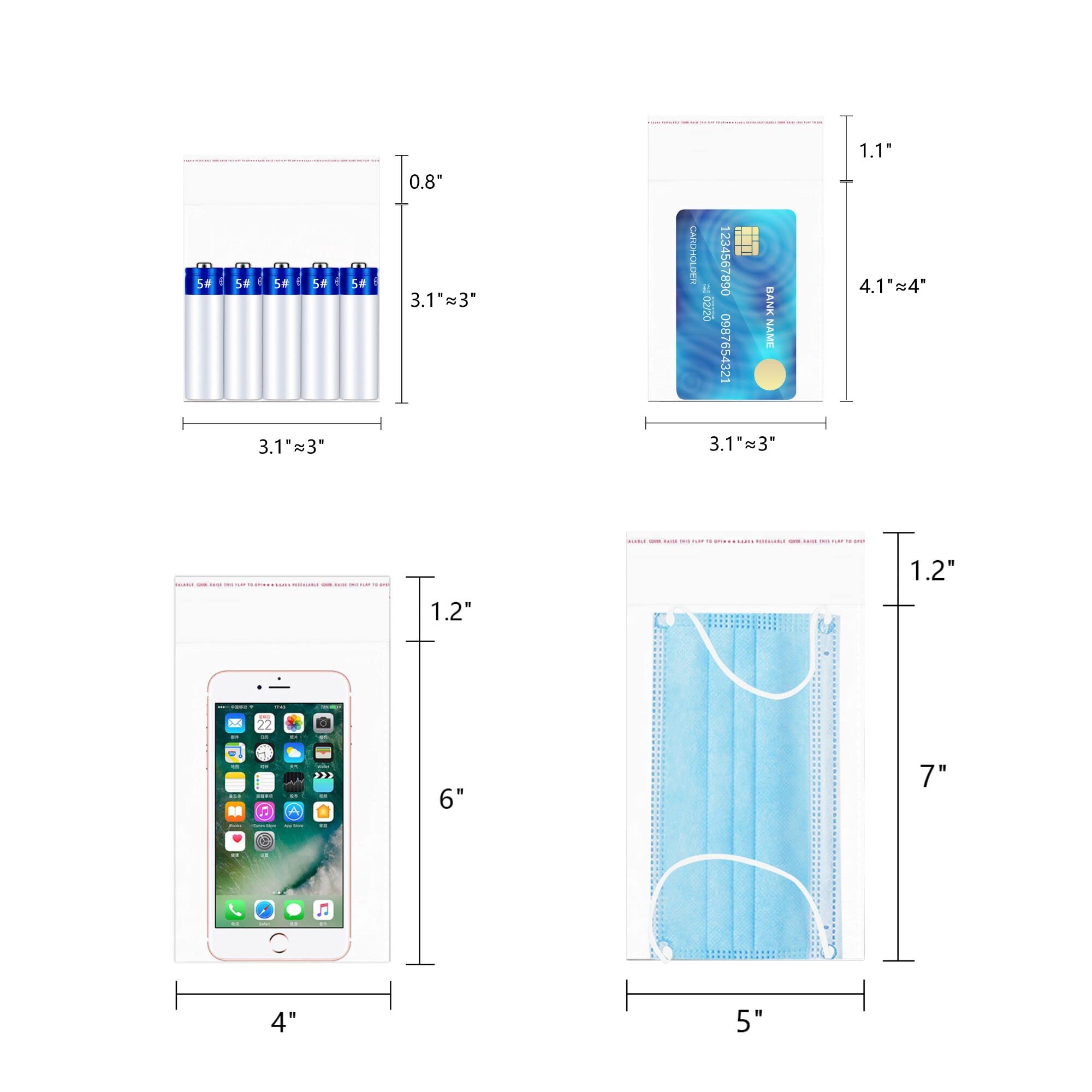 Doutop Lot de 1 000 sacs en cellophane transparents auto-adhésifs de 1 mm pour bijoux, boucles d'oreilles, bonbons, boulangerie, bougie, savon, biscuits (4 tailles au choix)