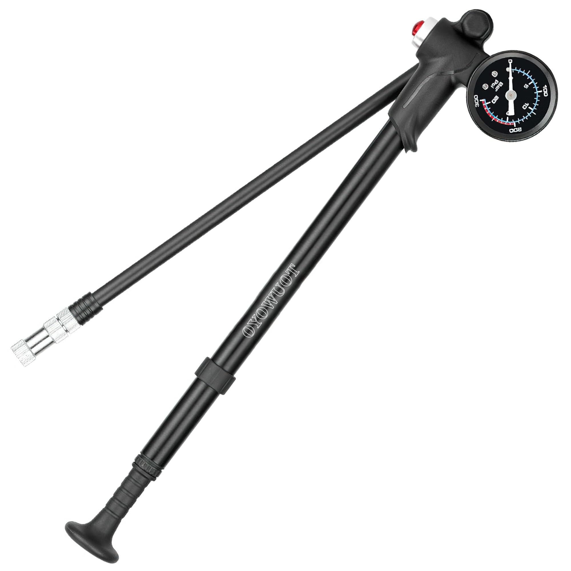 OYOWUOT High Pressure Shock Pump (300Psi), Portable Mountain Bike Pump with Gauge, Mini Air MTB Pump for Front Fork / Rear Suspension with Air Bleed Button, fits Presta & Schrader Valves (Black)