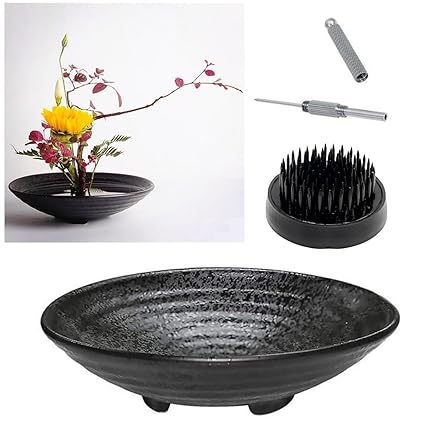 Japanese Ikebana Kit Floral Frog Flower Container with Kenzan Needle Straightening Tool - 1.57inch Black Flower Frog, 6.7inch Bowl Vase
