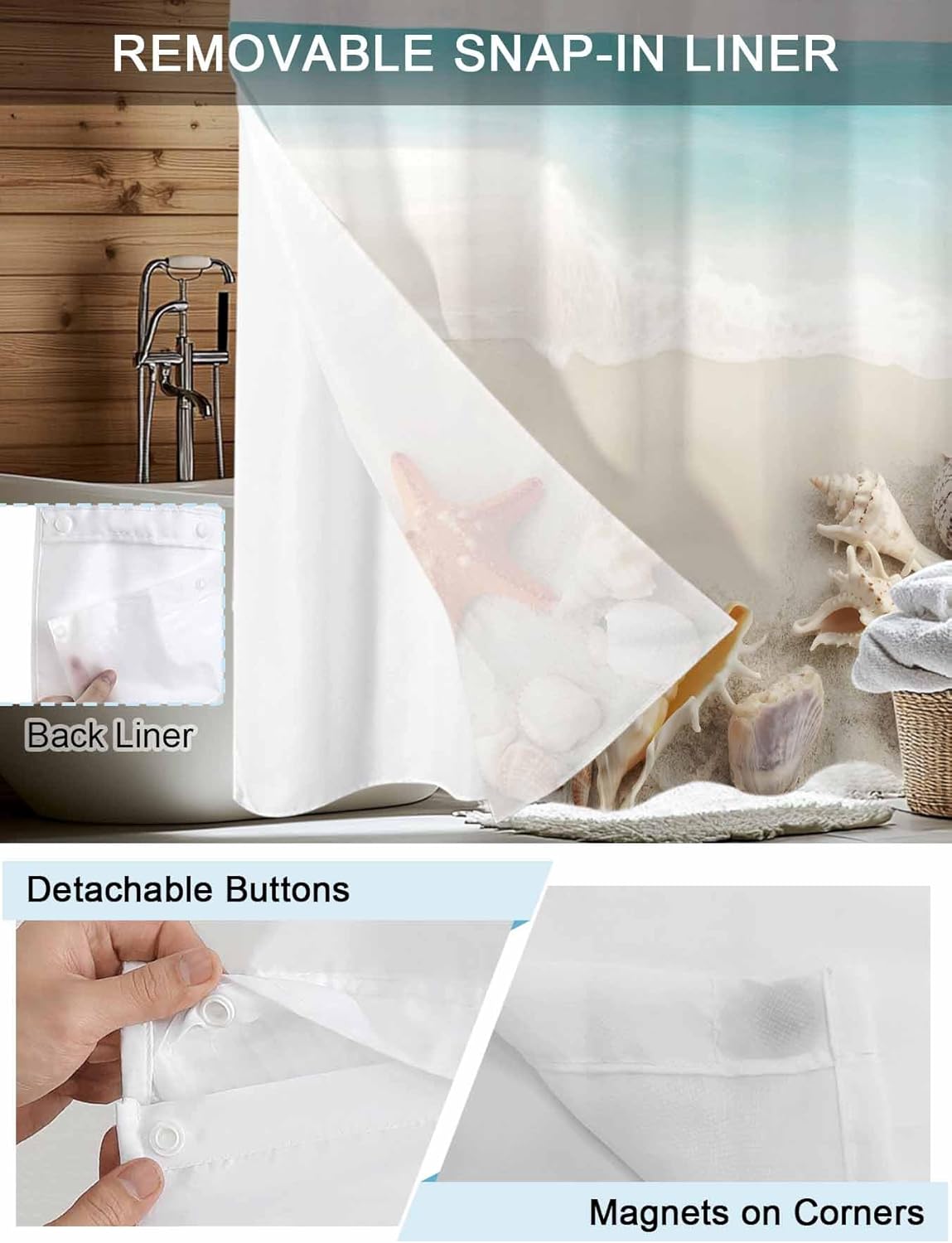 No Hook Shower Curtain, Summer Oceans Beaches Stall Bathroom Curtains with Snap in Liner, Sea Waves Starfish Shells Coastal Waterproof Washable Fabric Shower Curtain Set, 48" x 72"