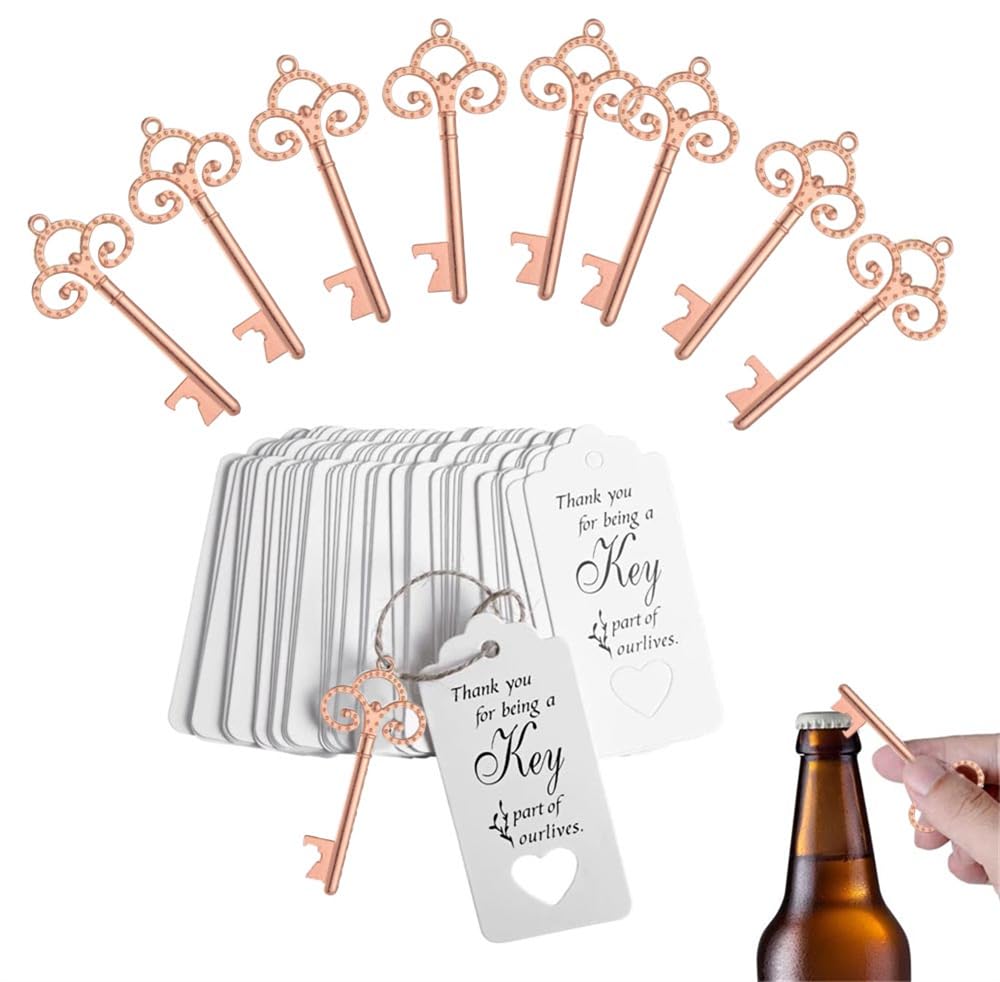 neotimely 30 PCS Wedding Favors Bottle Opener, Wedding Gifts for Guest Vintage Skeleton Key Opener, Key Openers with Escort Tag Cards and Hemp Cord, Rustic Decoration for Wedding Favors (Rose Gold)