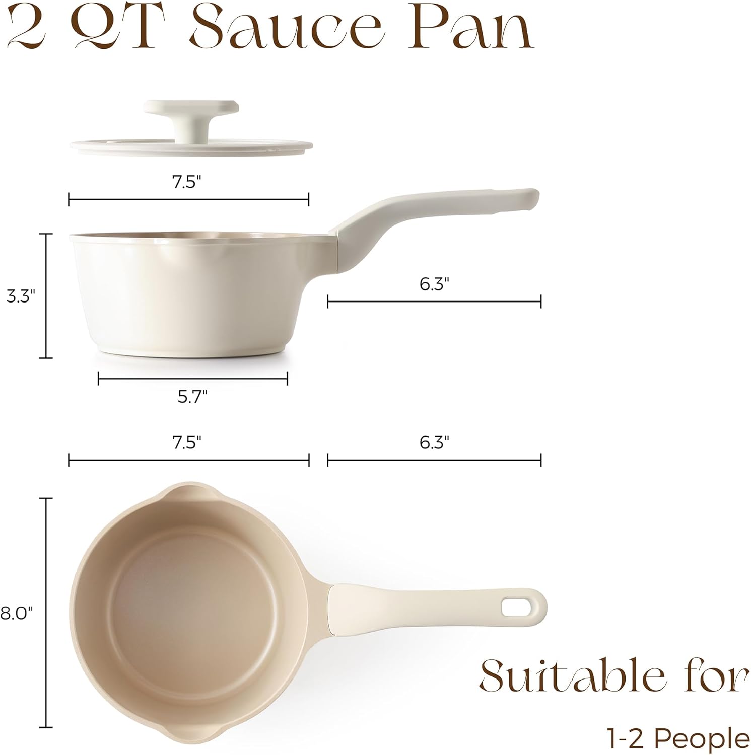 PRICUSIS Ceramic Nonstick Saucepan with Lid, 2 Quart Non Toxic Pot with Pour Spouts, Full Coated, 100% Dishwasher Safe, Induction Compatible & Oven Safe, PTFE PFAS & PFOA Free, Coconut White - Image 8