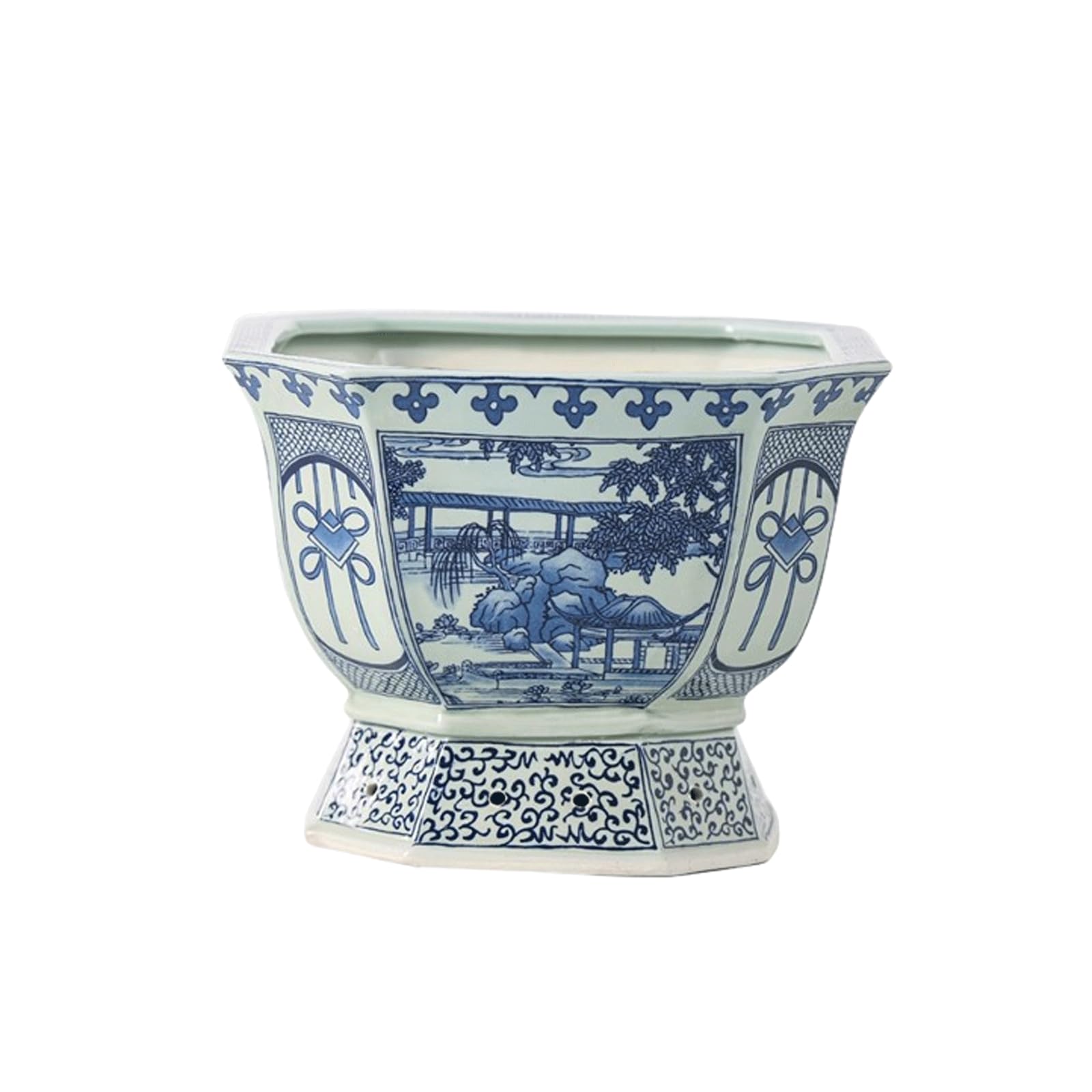 HTYUKFDG Blue and White Hexagon Floral Porcelain Plant Pot Chinoiserie Jingdezhen Ceramic Planter with Drainage Hole Chinese Asian Design Flowerpot for Indoor Outdoor