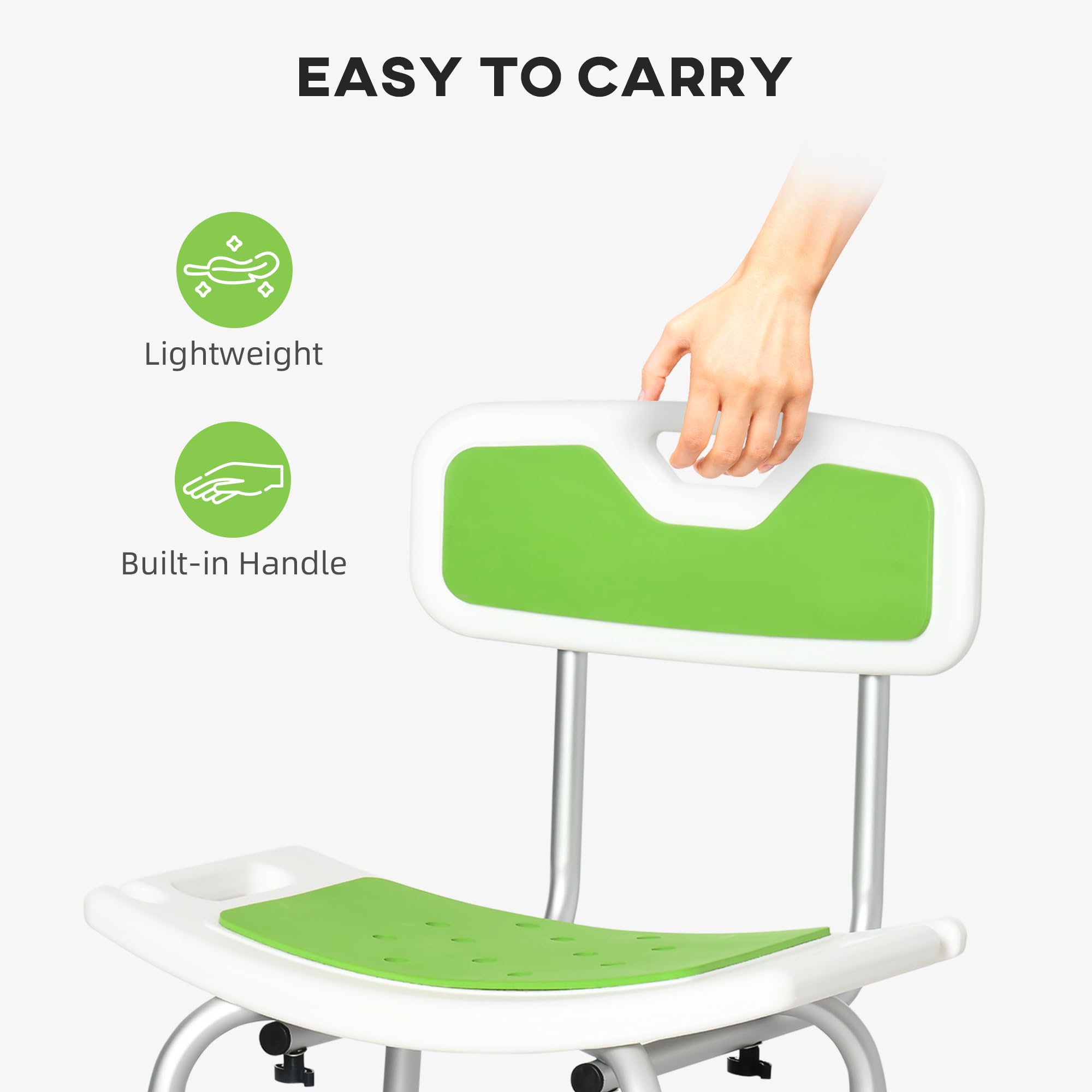 HOMCOM Sedia per Doccia in Alluminio ed EVA con Altezza Regolabile su 6 Livelli e Schienale Ricurvo, 51.5x49.5x68.5-81 cm, Verde e Bianco