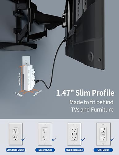Miniatura 7 de ELEGRP Extensor de salida con 3 salidas giratorias protectoras contra sobretensiones, adaptador de enchufe múltiple con 3 puertos USB, regleta de