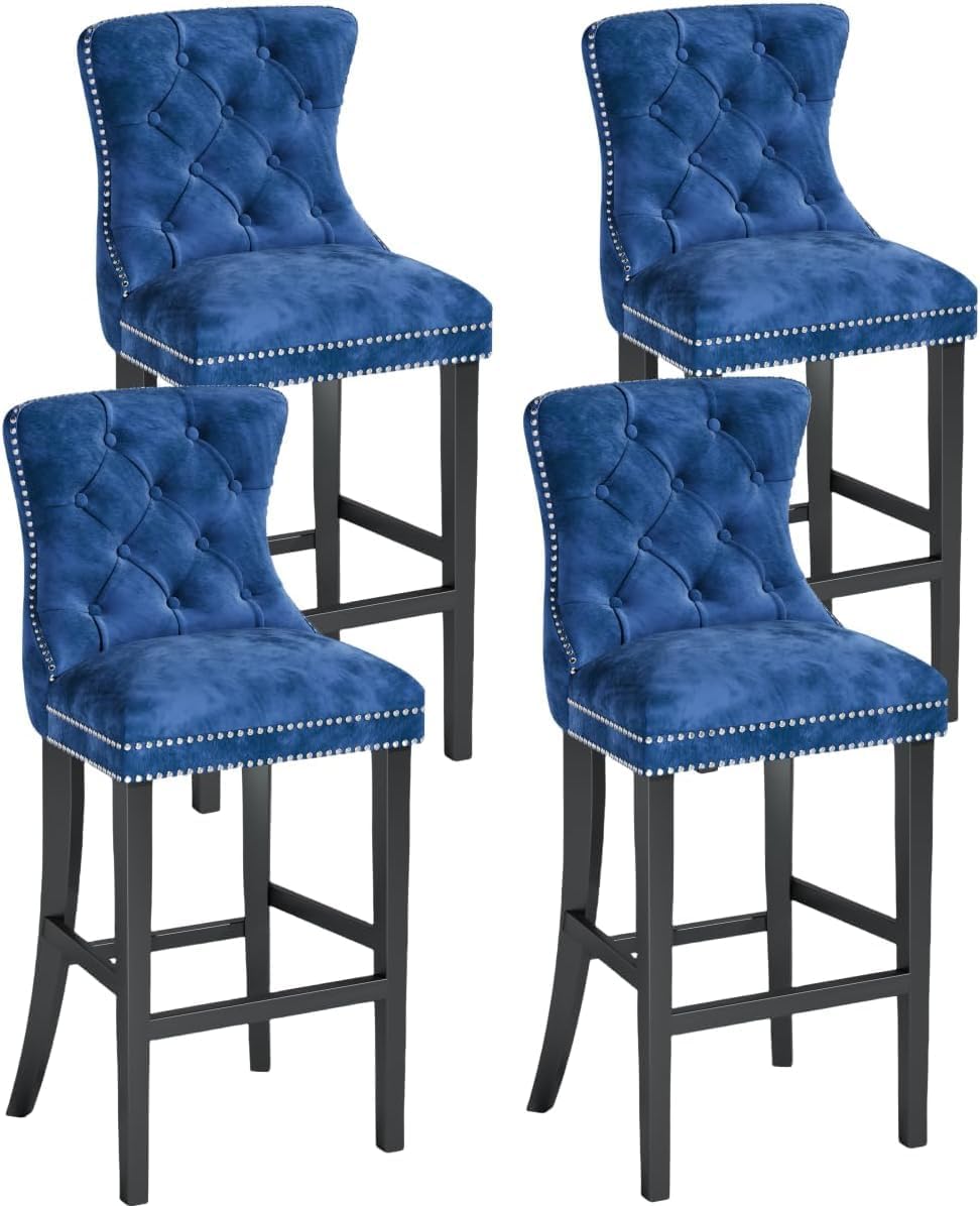 Recaceik Counter Height Bar Stools Set of 4,Modern Velvet Bar Stools with Back,Upholstered 27" H Barstools for Island Counter Stools with Rivet for Kitchen Counter,Home Bar,Dining Roomm(Blue)