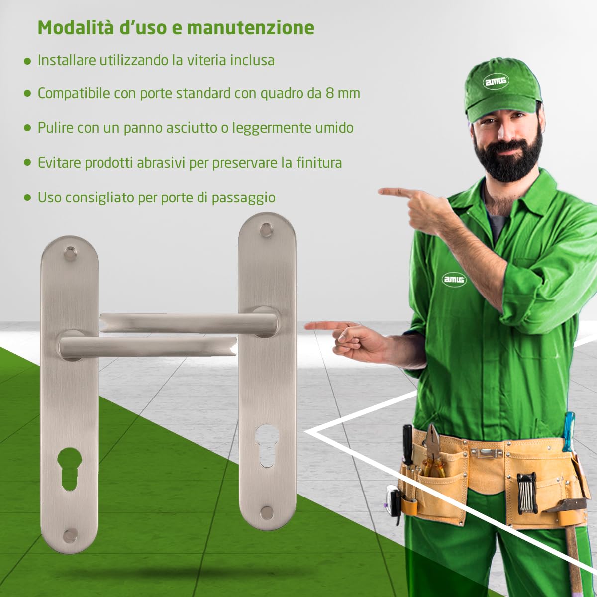 Amig - Maniglia su rosetta Mod. MAI RX - Per porte interne - Quadro 8 mm - Rosetta Ø52 mm in zamak - Alluminio - Finitura nichel spazzolato