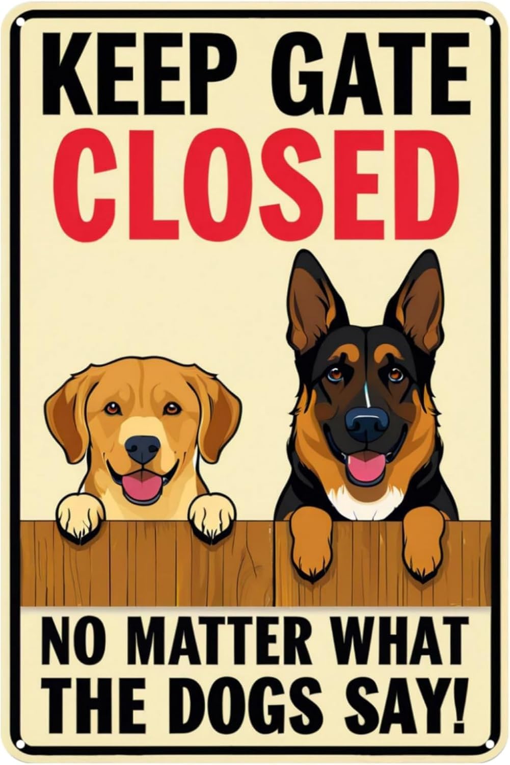 SMAZDFXX Funny Dog Metal Tin Sign Keep Gate Closed – No Matter What The Dogs Say Signs For Home Door Fence Outdoor Garden Yard Wall Decor Accessories 8"x12"