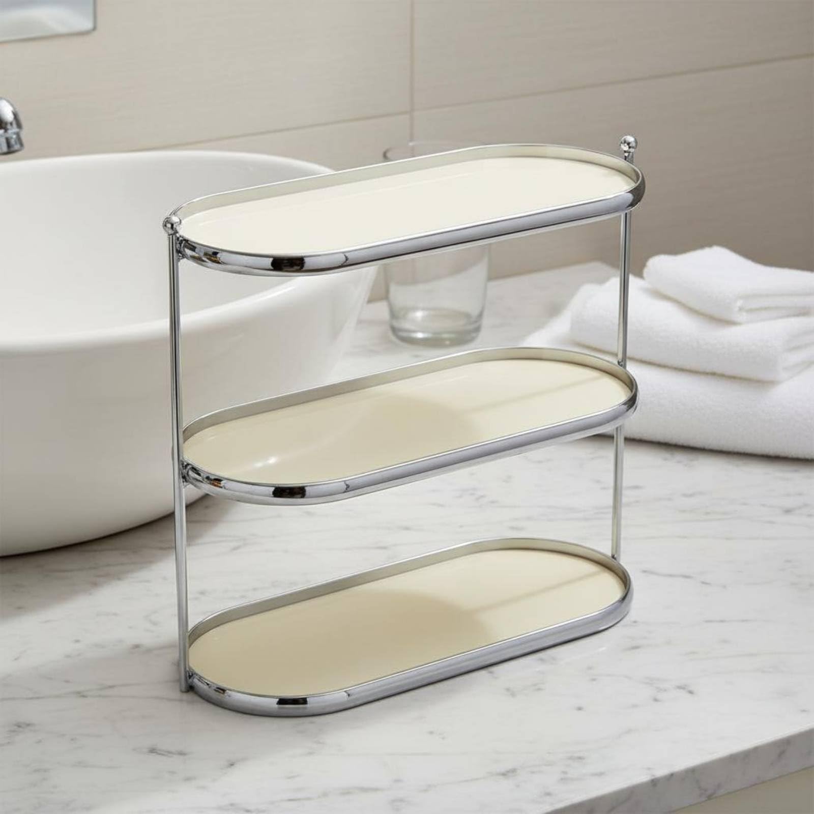 Organizador de Cosméticos Soporte para Maquillaje Estante Acrílico Bandeja de Perfume Organizador Vertical Adecuado para Tocador Mesa Habitación Principal, Plateado Y Crema, Dos Niveles
