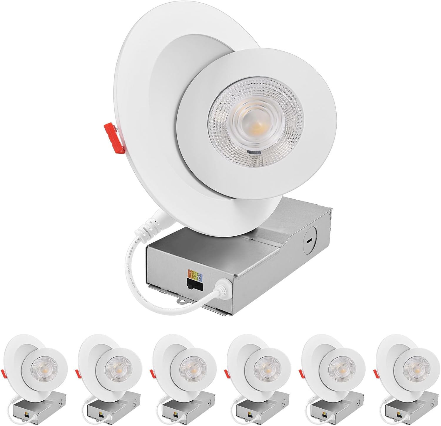 LUXRITE 6 Inch Floating Gimbal LED Recessed Lighting with J-Box, CRI90, 15W, 5 Color Selectable 2700K-5000K, Dimmable, 1100 Lumens, Directional Ceiling Light, Damp Rated, IC Rated, ETL Listed (6 Pack)