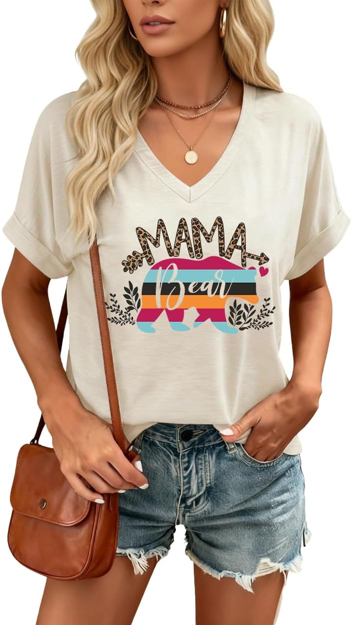 Mama Bear Shirt for Women V Neck Mama Shirts Cute Bear Graphic Tshirt Mom Shirts Gift Tee Tops