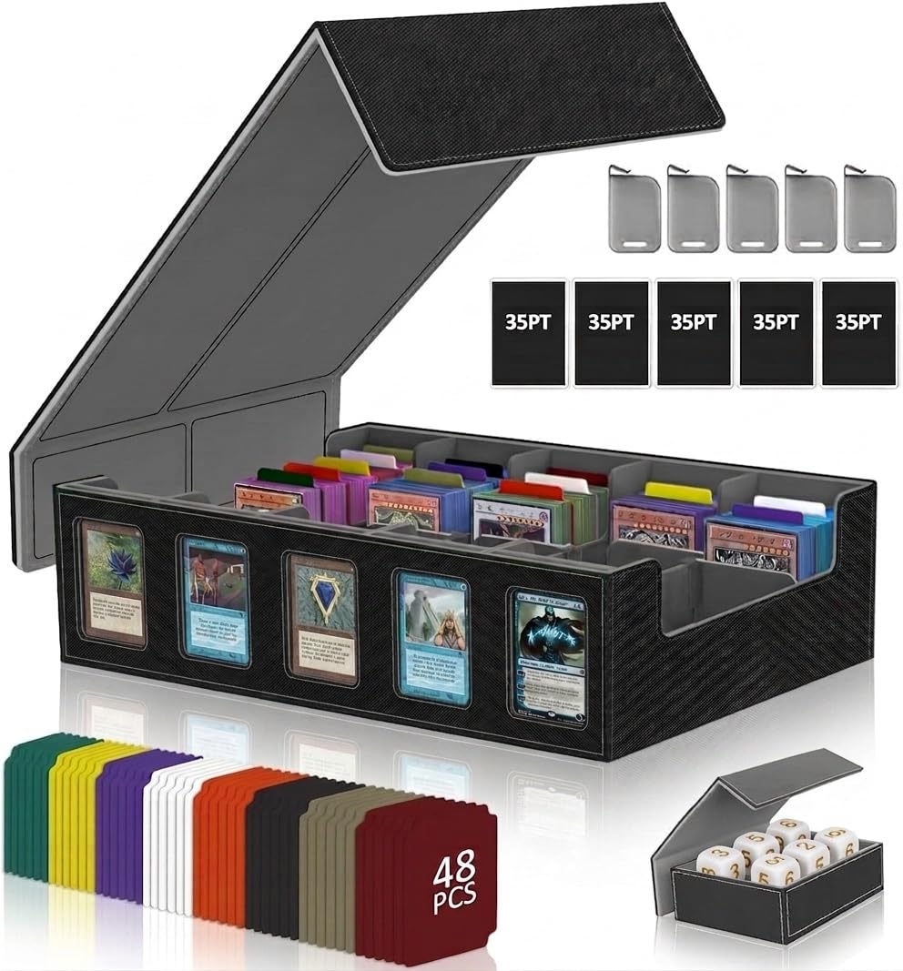 CyperEver Trading Card Storage Box MTG Deck Box TCG Card Case 5-Row Card Storage Box for Graded Card Storage, Fits 3900+ Cards 5 Toploaders 5 Stoppers 48 Dividers 1 Dice Tray (5-Row, Black)