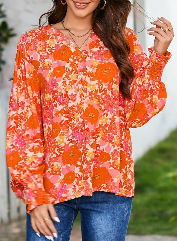 Dokotoo Womens Summer Tops Casual Easel Flowy Print V Neck Long Sleeve Smocked Button Up Blouses Tshirts for Women 2026 Fashion Fall Trendy Work Business Boho Top Small Orange - Image 3