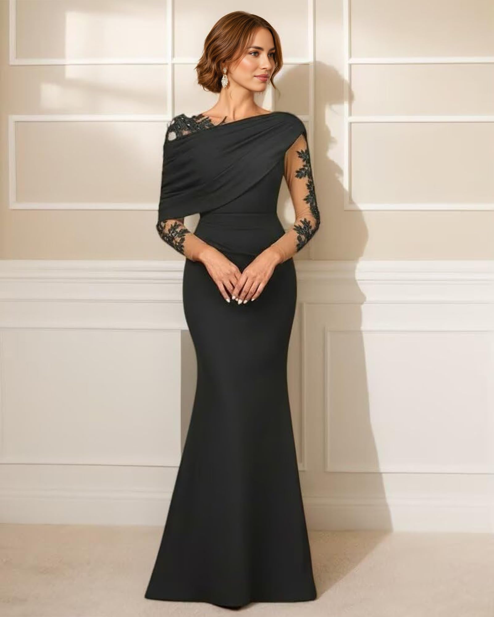 Meerjungfrau Satin Abendkleider Elegant für Hochzeit,Spitzen Brautmutterkleider mit Ärmeln Meerjungfrau Lang Festlich Kleider für Hochzeitsgäste