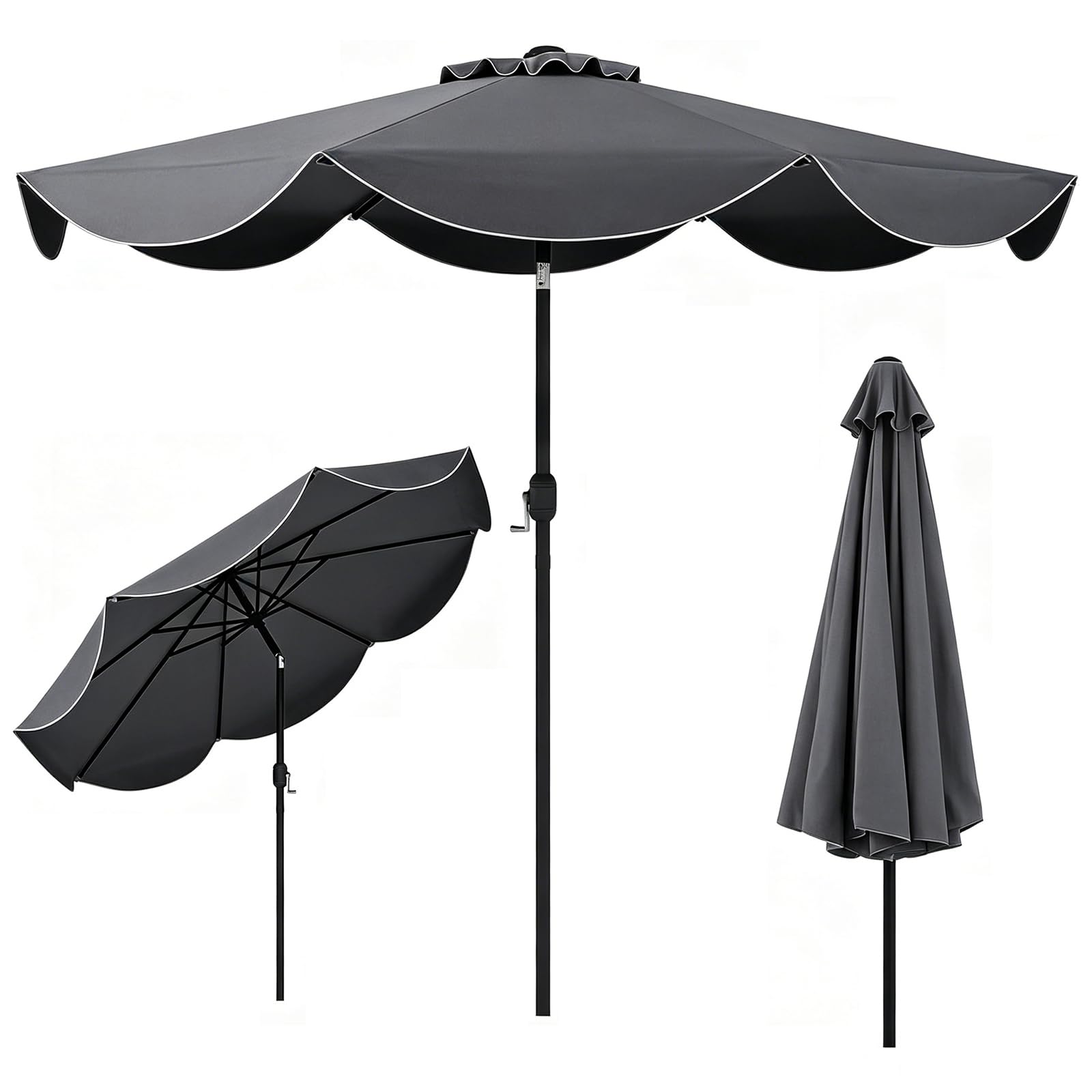 RELAX4LIFE 2,7M Parasol Inclinable à Volants pour Terrasse Balcon Piscine, Parasol de Jardin Extérieur à 8 Baleines, Protection UV, Polyester Résistant, Manivelle, Loquet de Sécurité, Attache (Gris)
