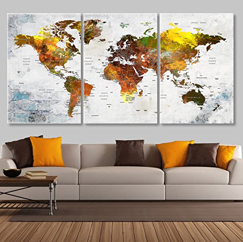 Extra Large Wall Art for Living Room Decoration Canvas Print Push Pin World Map Canvas Sets, Watercolor Map Wall Decal Framed Stetched On Canvas Art Map Of World for Kids Room vk2