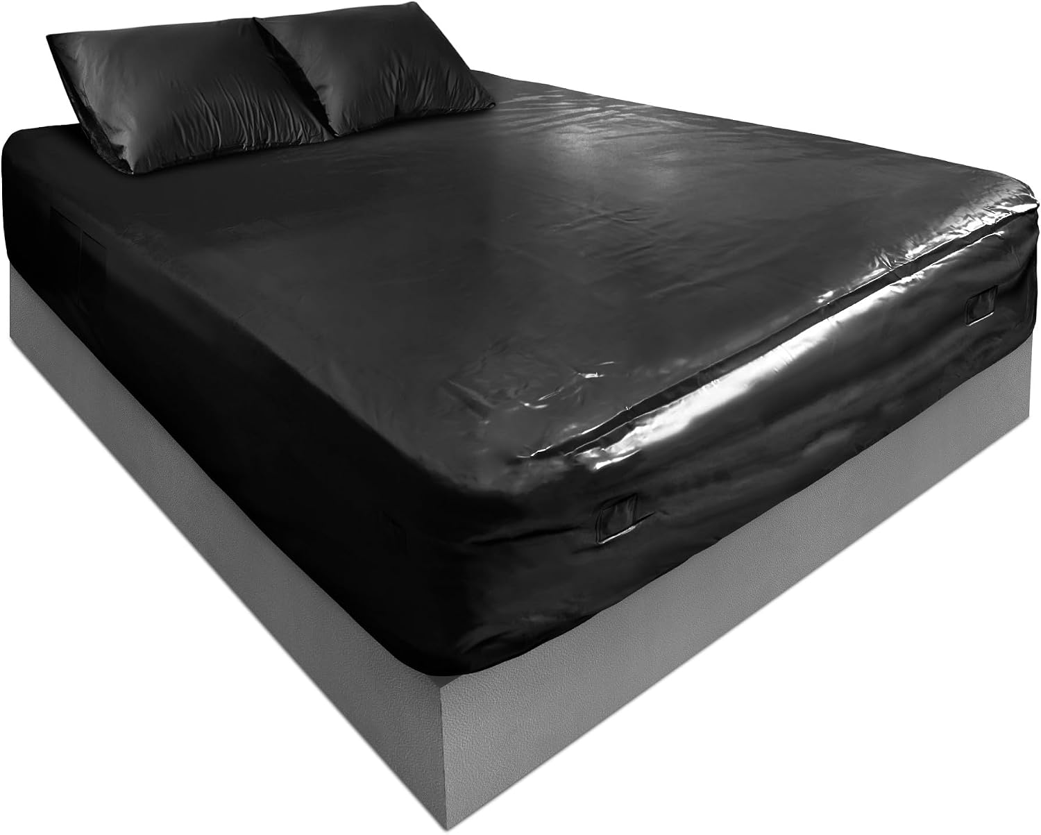Waterproof Vinyl Fitted Sheet - King 72" x 80" | 0.3mm Premium Vinyl Mattress Protector | Flock-Backed Non-Slip Base | Black | 15.75" Deep Pocket | Side Pockets & D-Rings