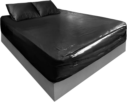 Waterproof Vinyl Mattress Protector King 72x80in, Black, 15.75in Pocket | 0.3mm premium vinyl fitted sheet. Flock-backed non-slip base, side pockets & D-rings. Wipe clean, waterproof
