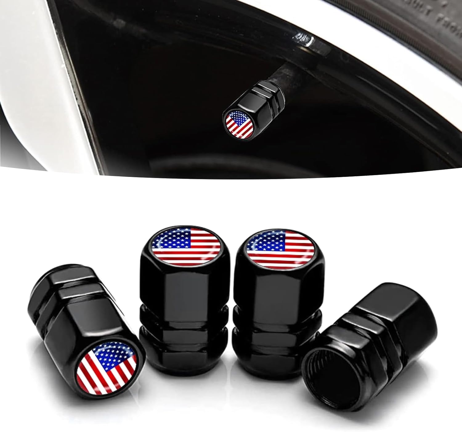 4 PCS Tire Valve Stem Caps, Dust Proof Sealing Covers, Auto Parts, Universal for Most Cars (American Flag Black)