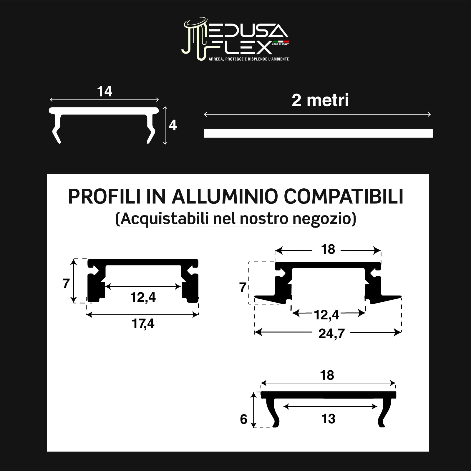 Schermo per Profilo alluminio per Strisce LED MEDUSAFLEX mod. Andromeda 2 Metri - Opaca - Made in Italy in Policarbonato stabilizzato UV e certificata UL94HB - Pacco da 10 (20m)